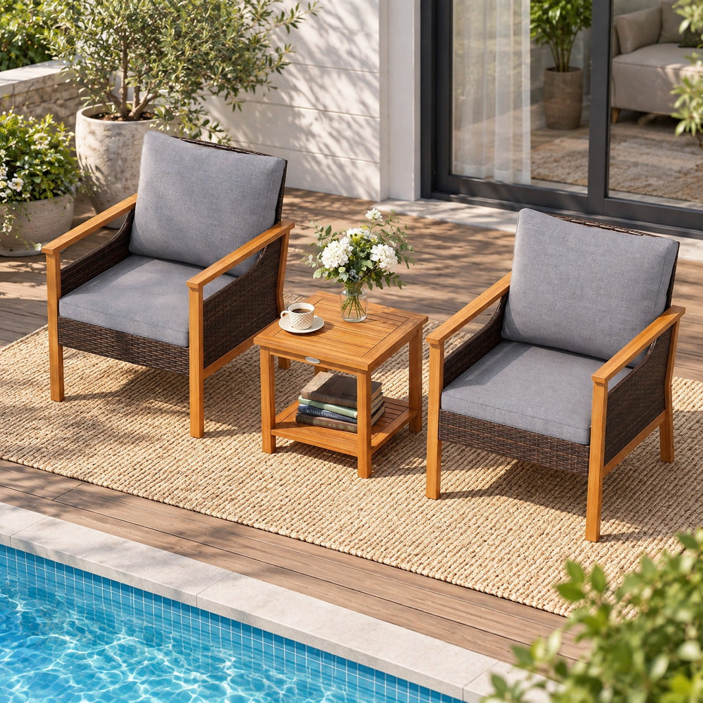 AIRFIND 3 Piece Patio Furniture Set with 2 Cushioned Chairs, Acacia Wood Frame and 2-Tier Side Table, Mix Brown PE Rattan and Gray Cushions