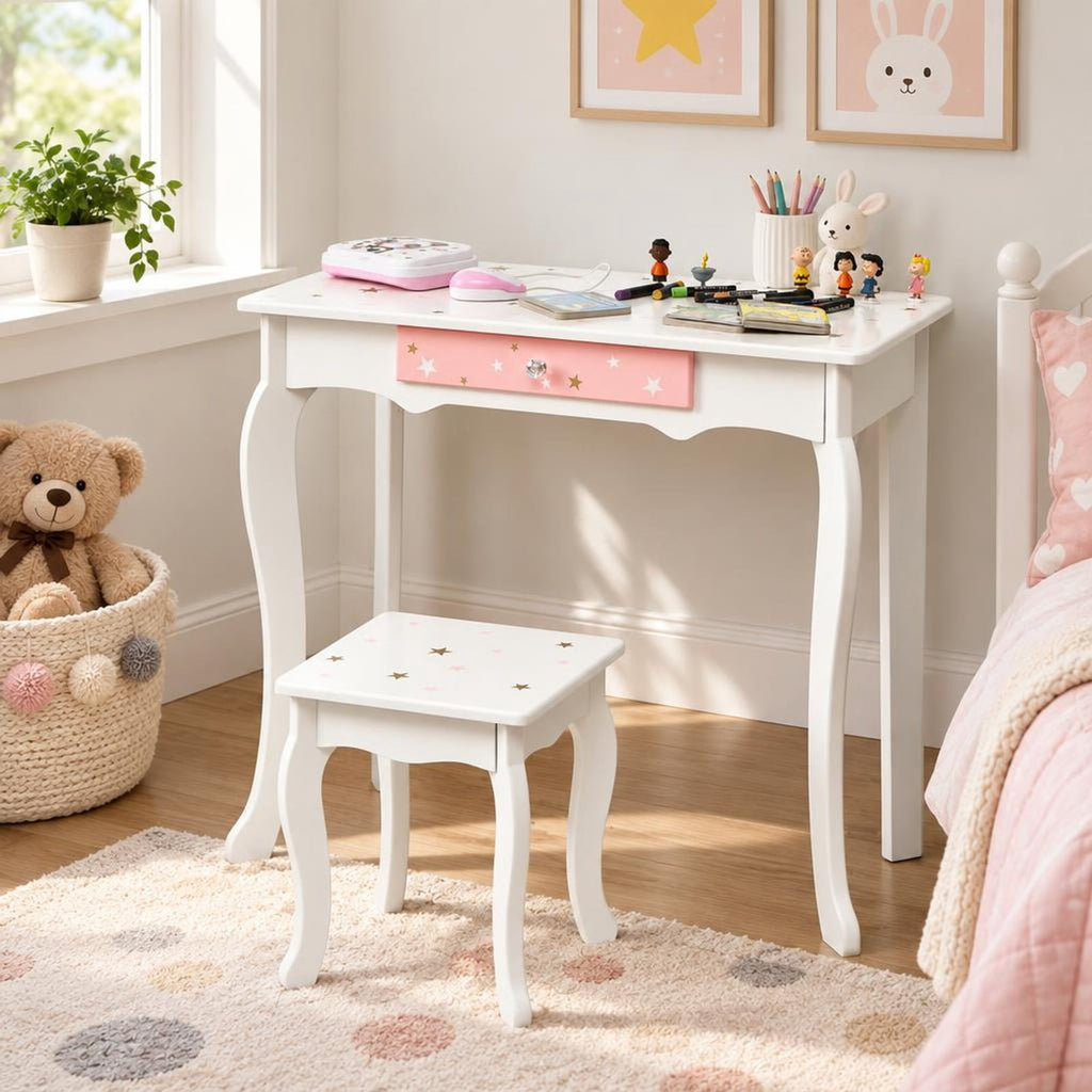 Airfind Kids Princess Vanity Table and Stool Set with Tri-folding Mirror and Drawer, 44 lbs Capacity, MDF Frame, White