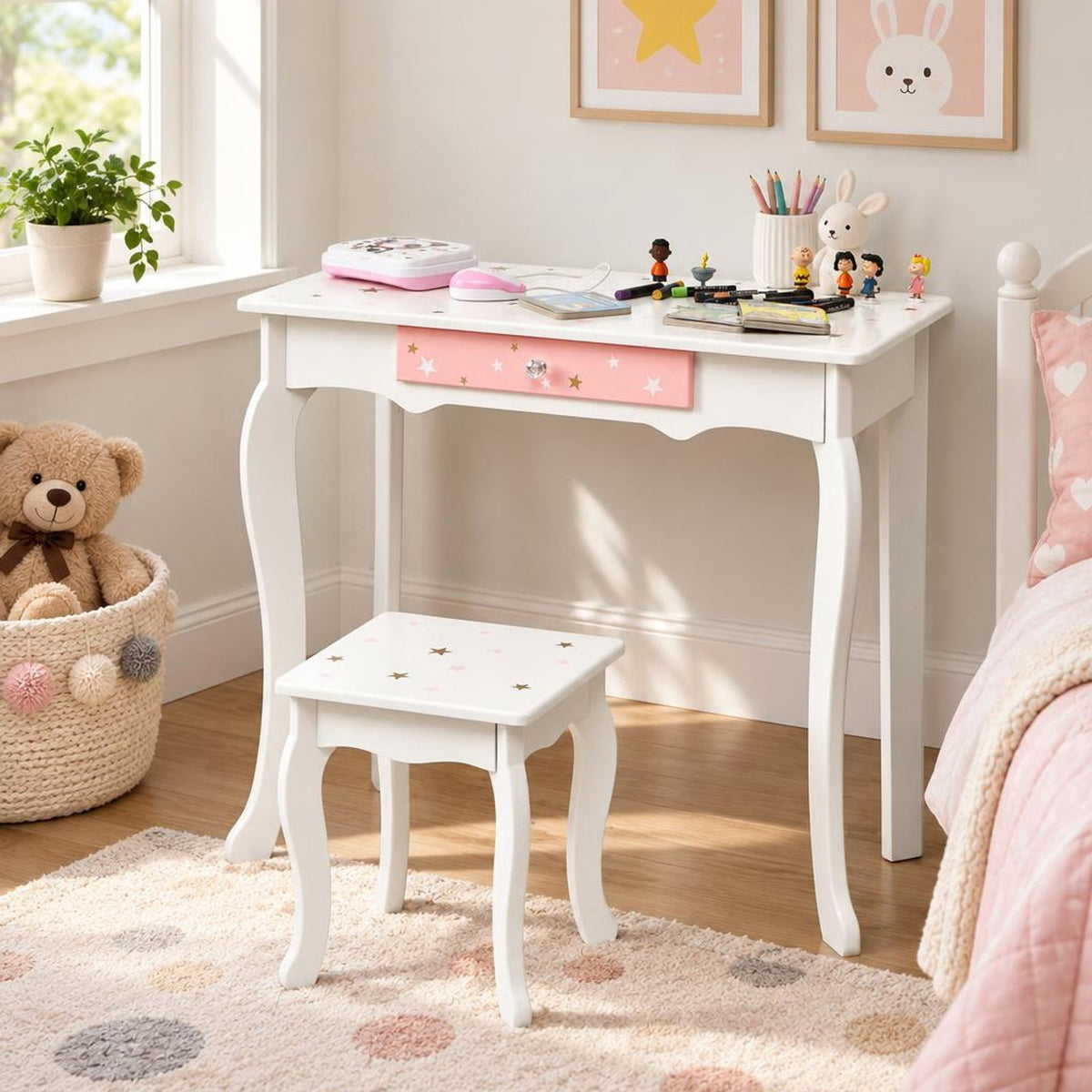 Airfind Kids Princess Vanity Table and Stool Set with Tri-folding Mirror and Drawer, 44 lbs Capacity, MDF Frame, White