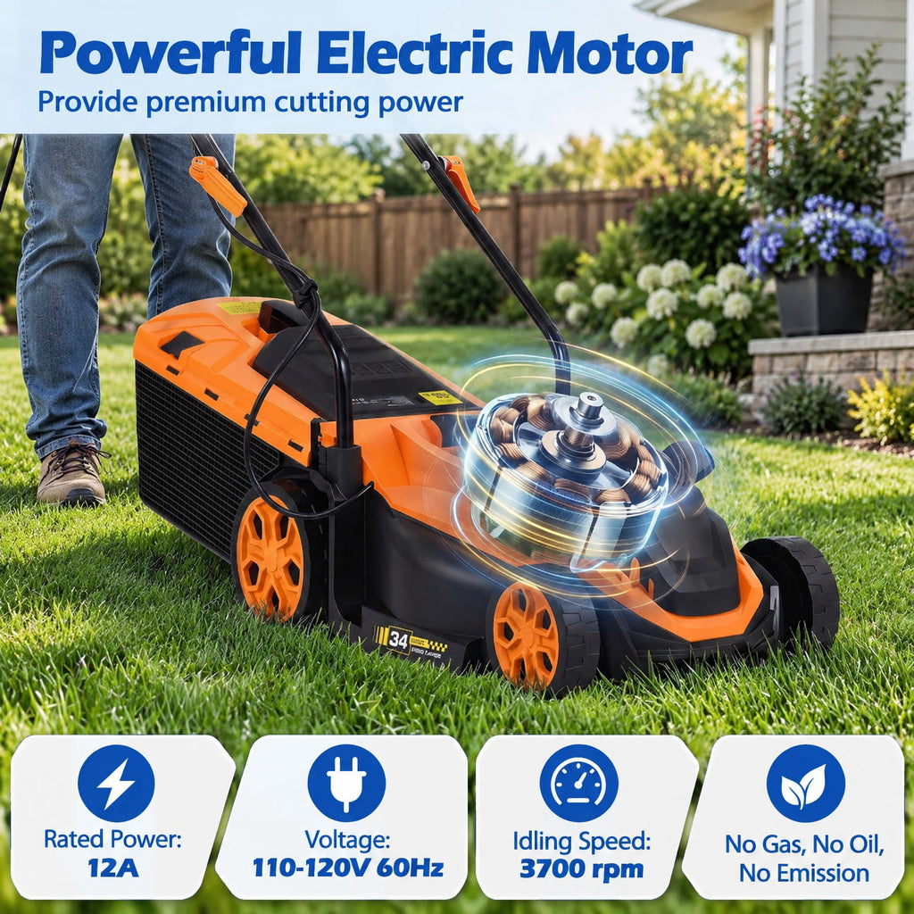 Airfind 14-Inch 12-Amp Corded Electric Lawn Mower w/ 5-Position Height Adjustment, Metal Frame, 44-45.5 x 14 x 38.5-39.5 Footprint, Orange