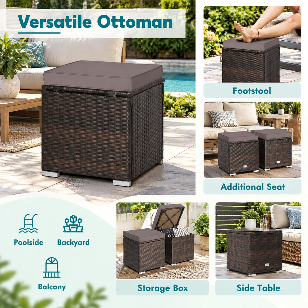 Airfind 2 Pieces Patio Ottoman with Removable Cushions, 350 lbs Capacity, Metal PE Rattan Sponge Polyester Frame, 16 x 16 x 15.5 Footprint, Gray