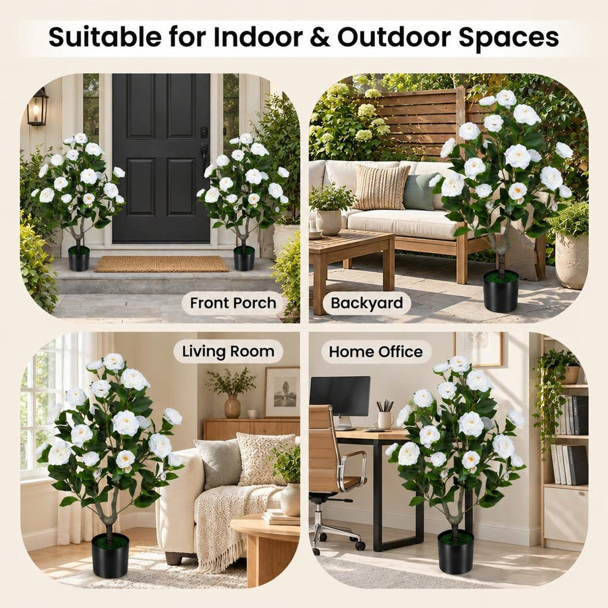AIRFIND Artificial Camellia Tree, 35.5 in Faux Flower Plant with 24 Blossoms, 174 Leaves and Cement-Filled Pot for Home Decor, White