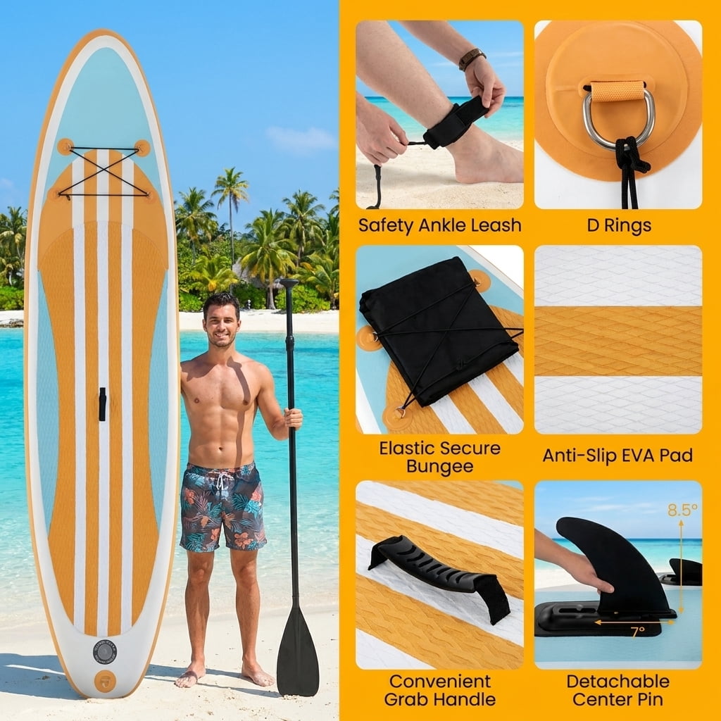 Airfind 10 FT Inflatable Stand-Up Paddle Board Set for Adults Youth ¡ª Drop-Stitch Core, 500D PVC Shell, 3 Fins, Adjustable Paddle, Pump, Backpack Leash Included (Blue and Yellow)