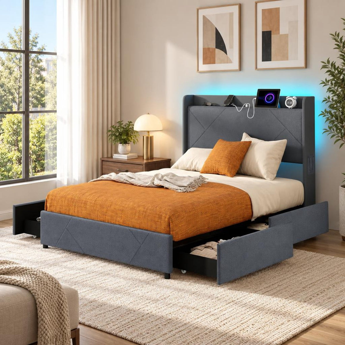 Airfind Full/Queen Size Bed Frame with LED Lights and Charging Station, 1100 lbs Capacity, 82.5 x 57 x 48 Bed Platform 75 x 54.5 Footprint