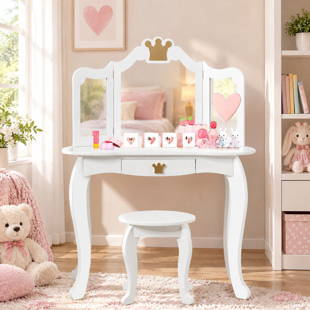 Airfind Kids Makeup Dressing Table with Tri-folding Mirror and Stool, 33 lbs Capacity, MDF pine Frame, 31.5in x 16.5in x 41.5in Footprint, White