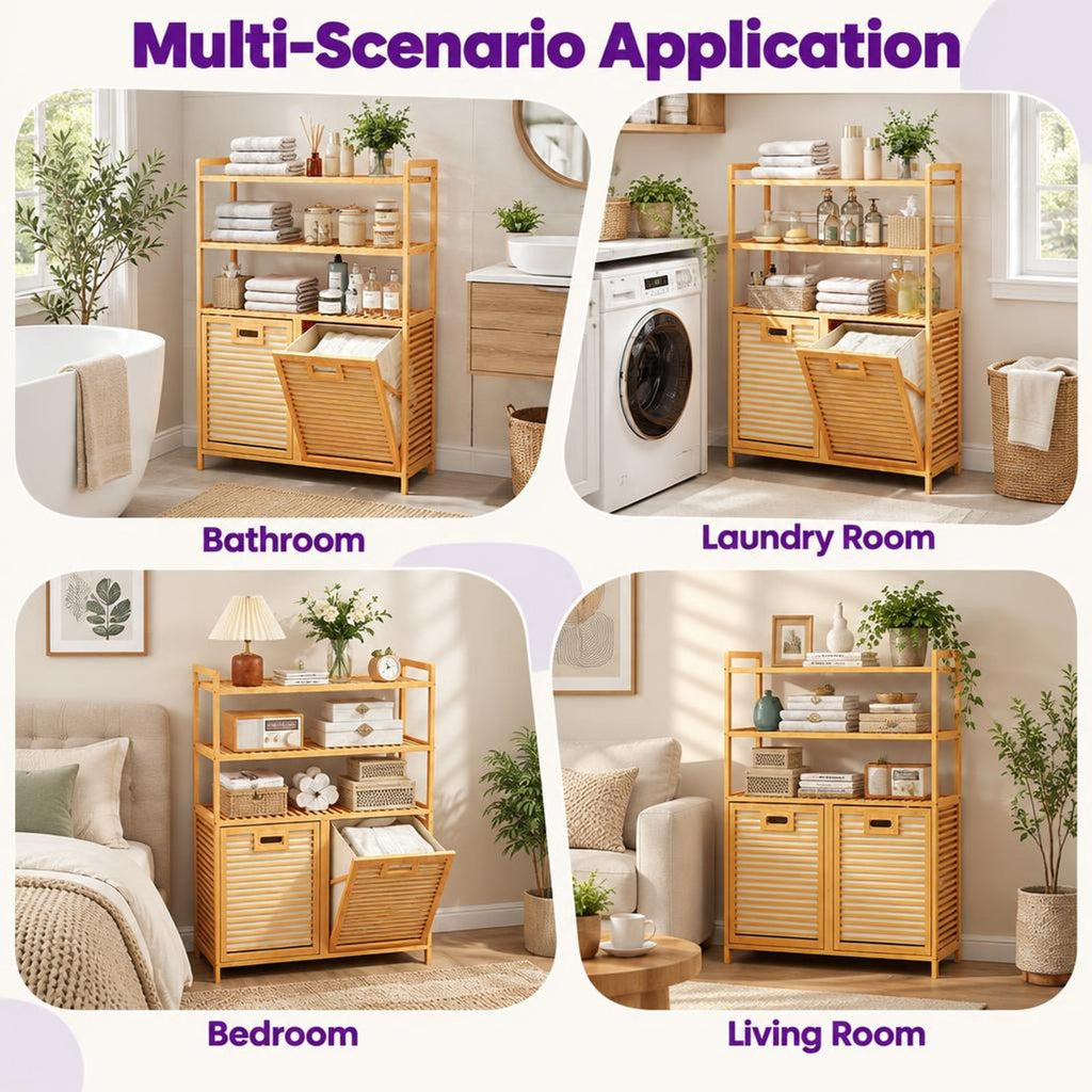 Airfind Double Tilt Out Laundry Hamper with 3 Shelves and 2 Removable Baskets for Dirty Clothes, 220 lbs Capacity, 32in x 12in x 44in Laundry Footprint