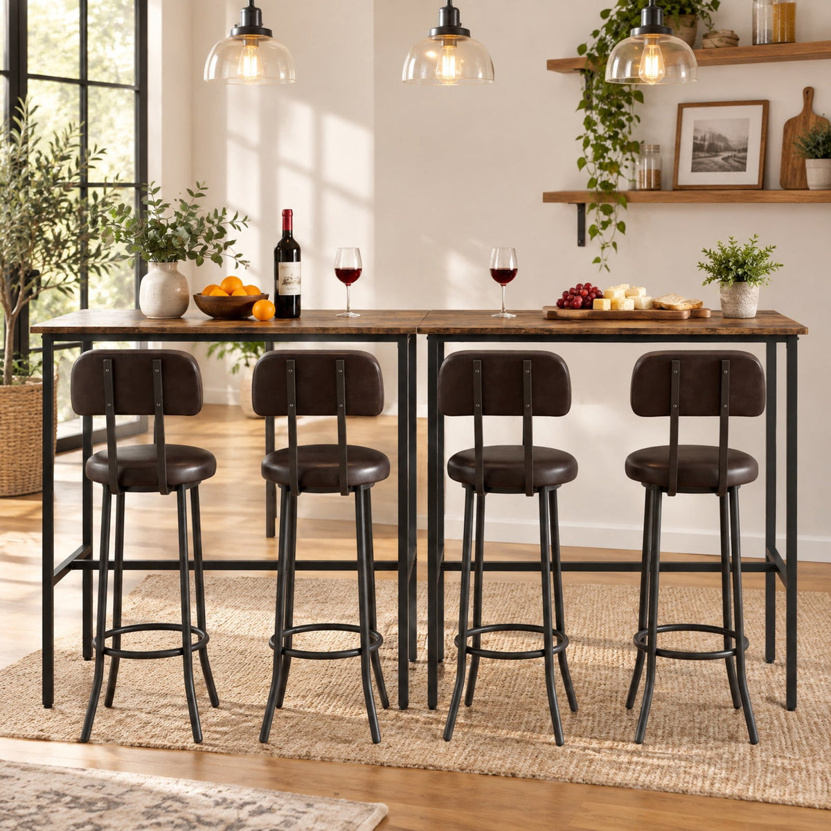 Airfind 3-Piece Industrial Bar Table Set with 2 Upholstered Stools and Footrests for Dining Room, 220 lbs Capacity, 40 × 16 × 36 Footprint, Brown