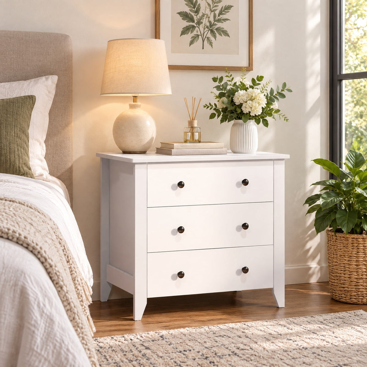 Airfind 3 Drawer Dresser Chest of Drawers Bedside Table, MDF Frame, 28in x 18in x 26in Footprint, White