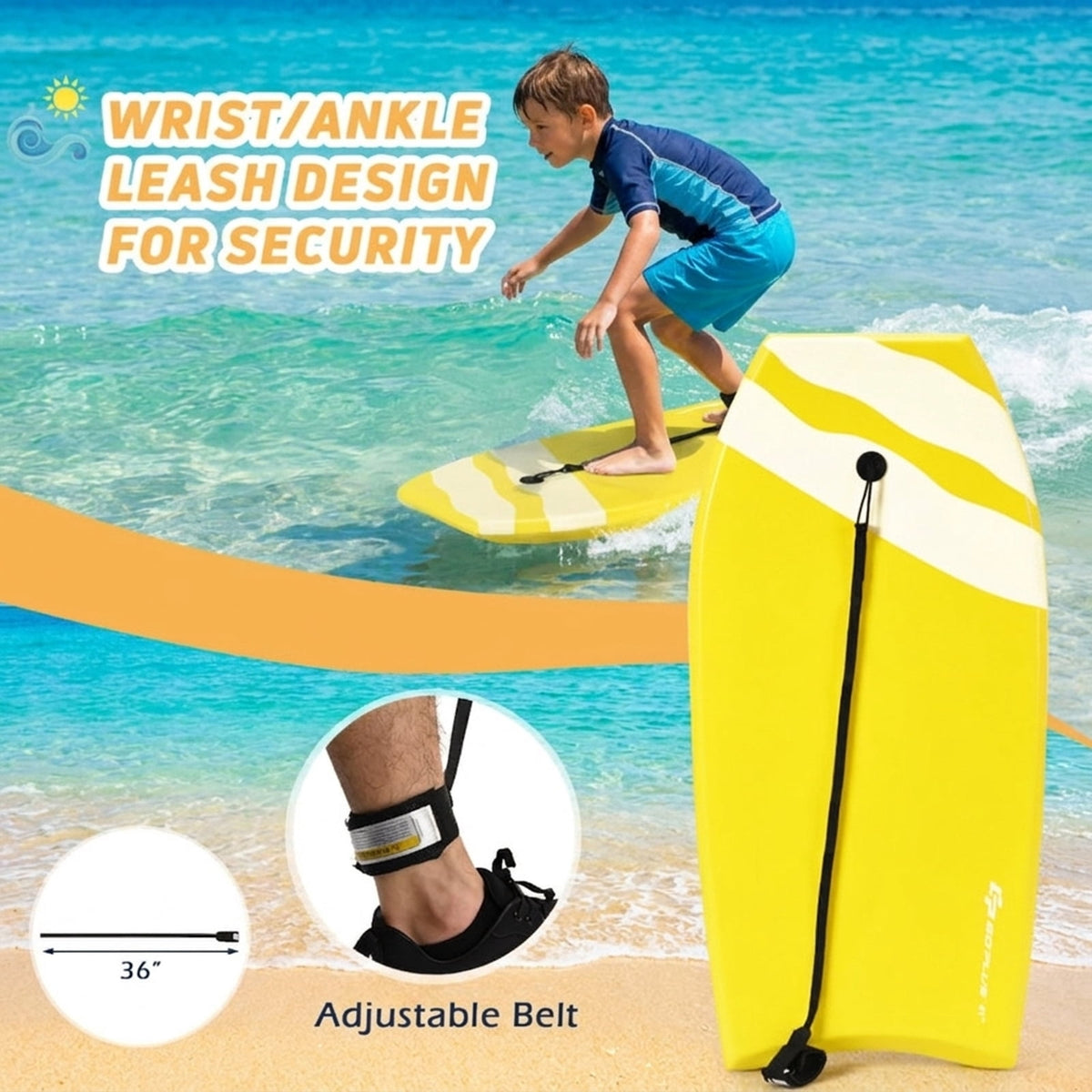 Airfind 41 Inch Yellow Surfing Bodyboard for Adults ¡ª XPE Deck, EPS Core, HDPE Slick Bottom, Crescent Tail, Wrist Leash Included