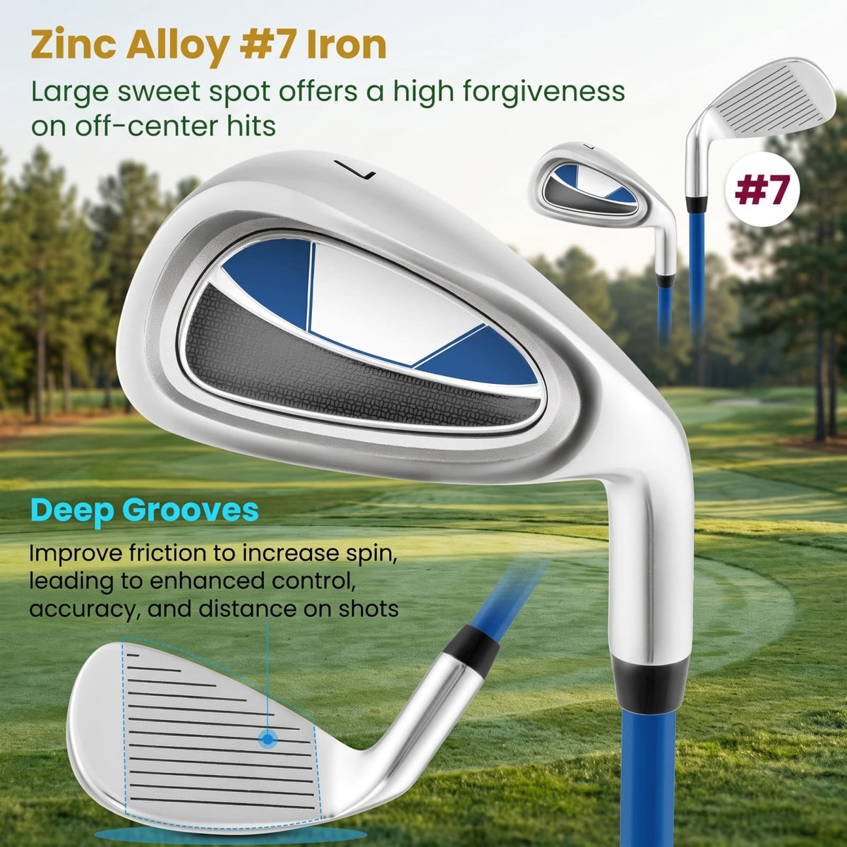 Airfind Junior Number 7 Iron for Kids Ages 11 to 14 with Lightweight Fiberglass Shaft and Rubber Grip and Matching Headcover, Blue