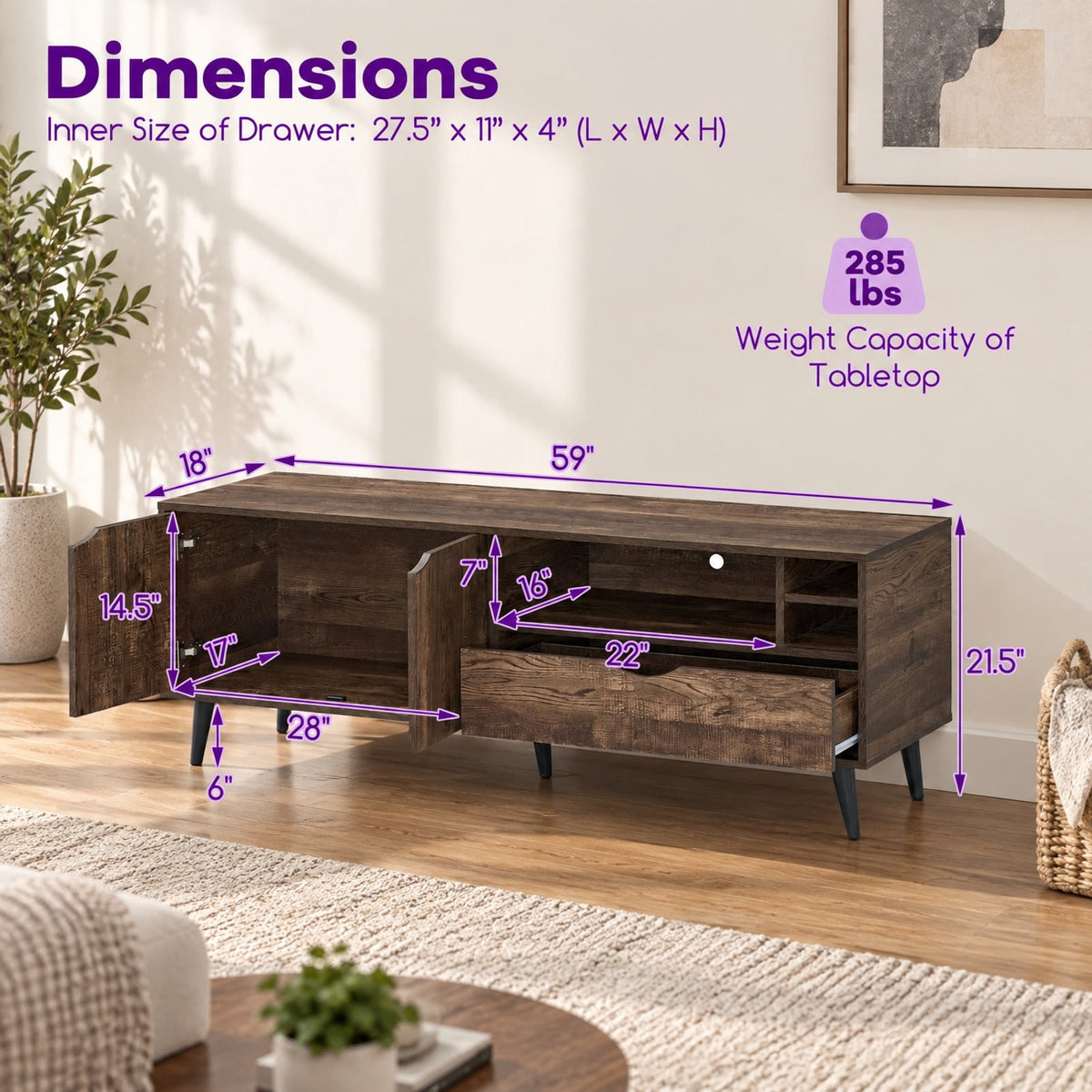 Airfind TV Stand for TVs up to 65 Inches Rustic Entertainment Center, 285 lbs Capacity, Engineered Wood MDF Plastic Frame, Brown