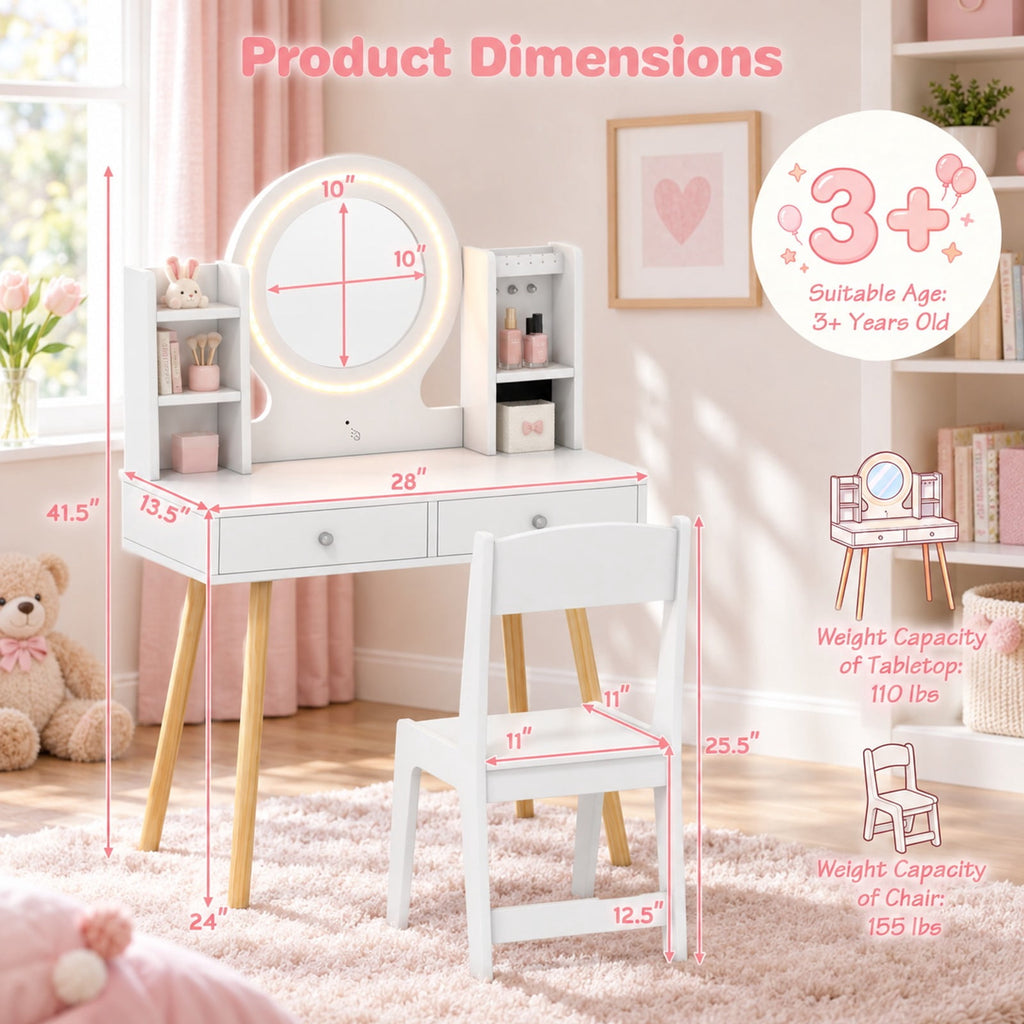 Airfind Kids Vanity Set with Lighted Mirror and Storage Drawers, 110 lbs Capacity, Engineered Wood Frame, for 3+ years old, White