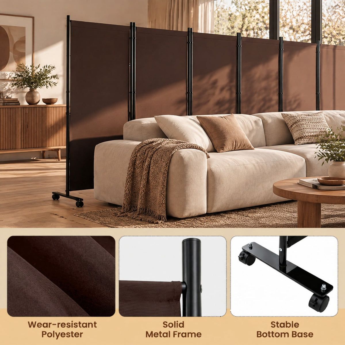 Airfind 6 Panel Folding Privacy Screen Room Divider with Wheels, Polyester Fabric Metal PP Frame, 205 x 12 x 71.5 Footprint, Coffee