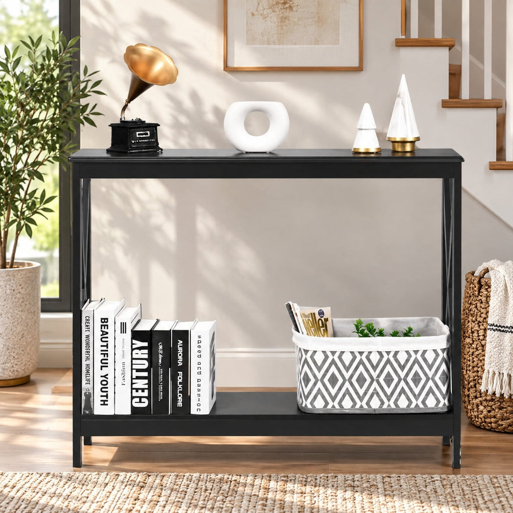 Airfind 2-Tier Console X-Design Sofa Side Accent Table, 66 lbs Capacity, P2 MDF Frame, 39.5 x 12 x 31.5 Footprint, Black