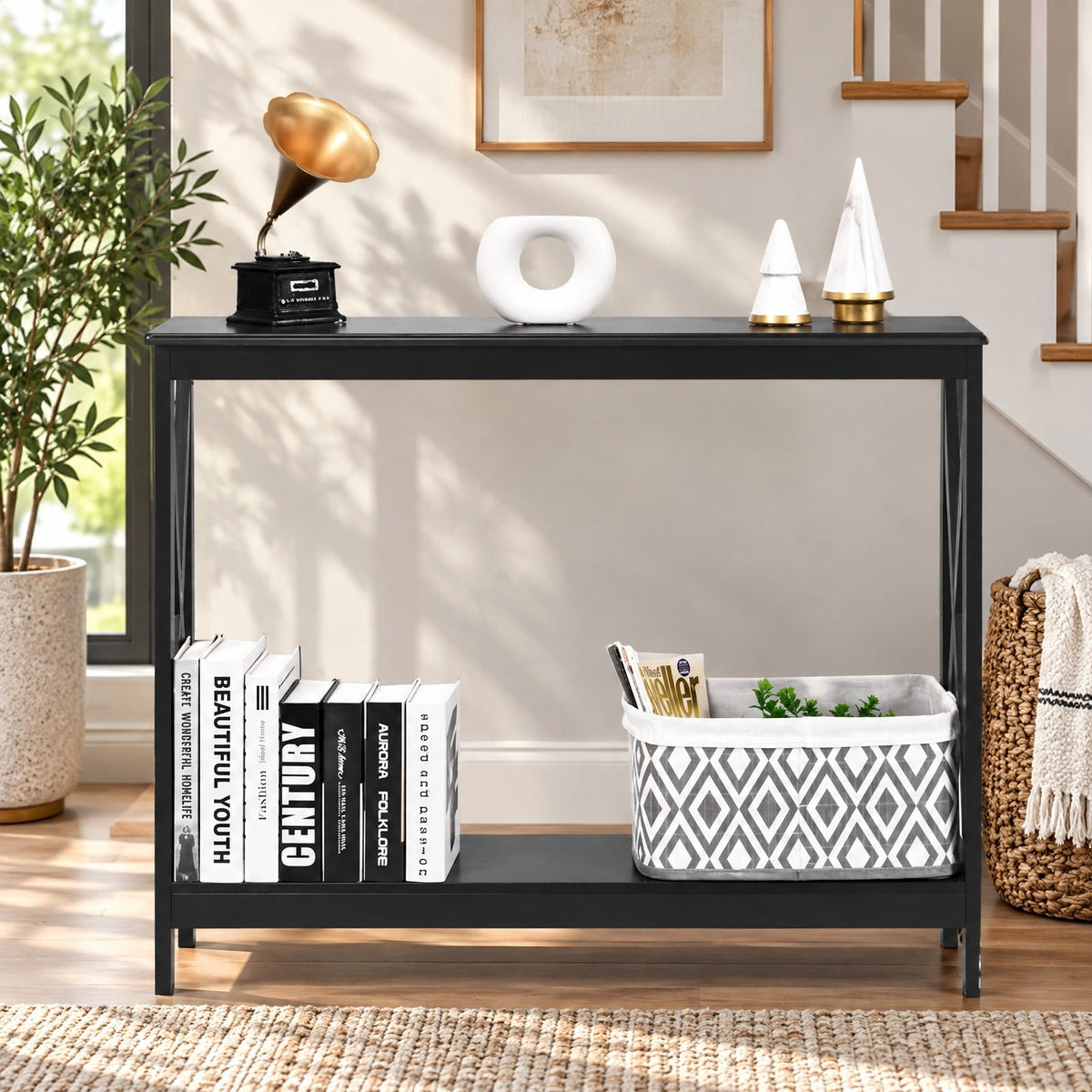 Airfind 2-Tier Console X-Design Sofa Side Accent Table, 66 lbs Capacity, P2 MDF Frame, 39.5 x 12 x 31.5 Footprint, Black