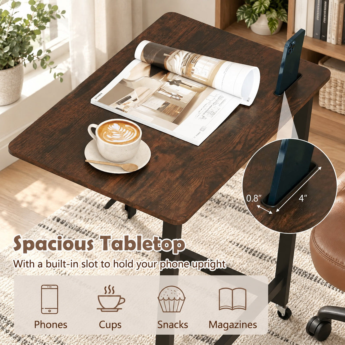 Airfind C-shaped End Table with Wheels Mobile Bedside Table with Built-in Phone Slot, 80 lbs Capacity, Engineered Wood Metal Frame, Brown