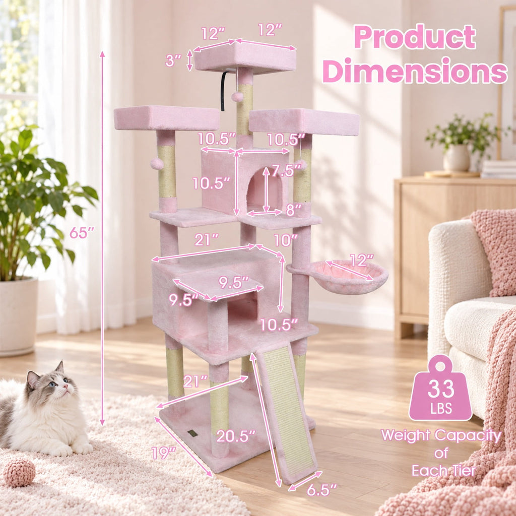 Airfind 65 Inch Tall Multi-level Cat Tree with 3 Upholstered Perch and 2 Cat Condos, Fabric Sisal Engineered Wood Overall Height 65 Inch Base Frame