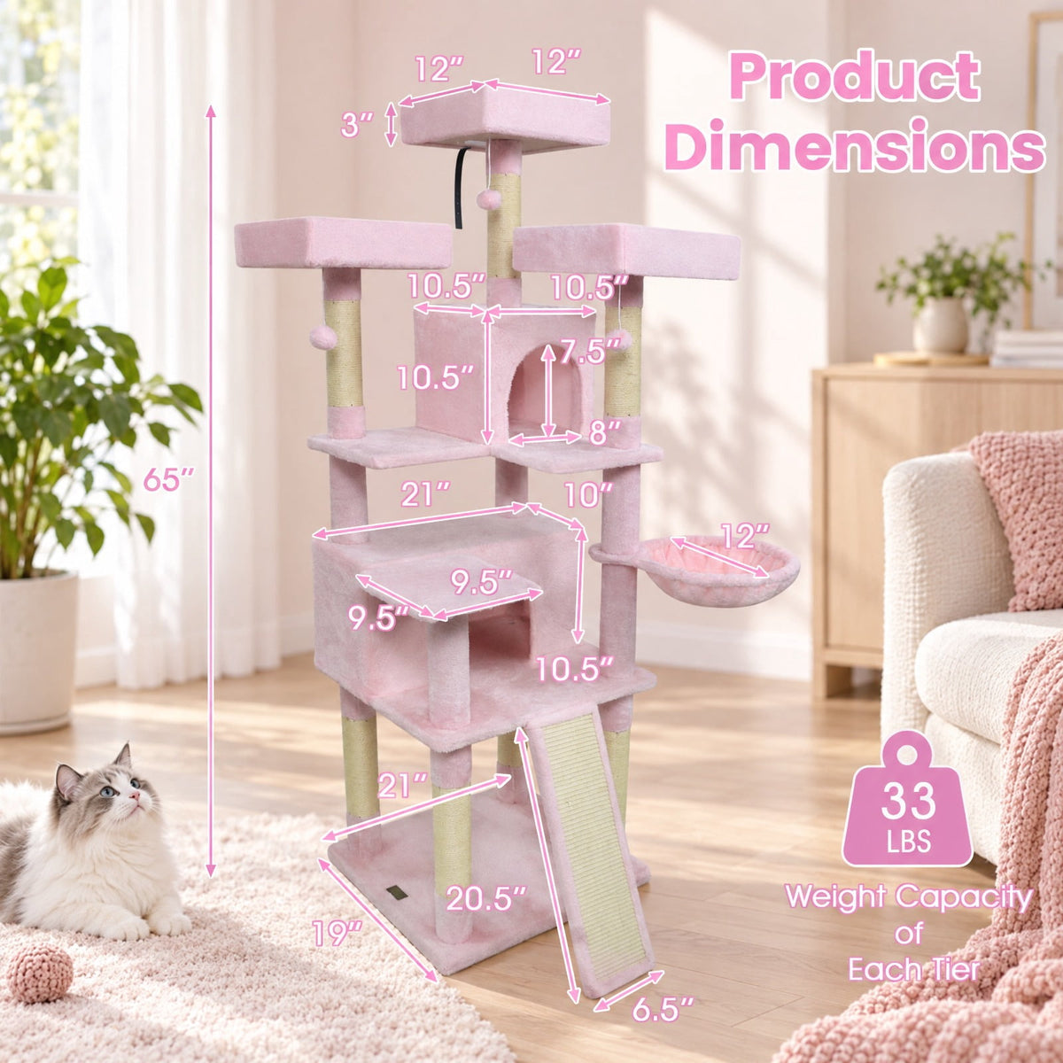 Airfind 65 Inch Tall Multi-level Cat Tree with 3 Upholstered Perch and 2 Cat Condos, Fabric Sisal Engineered Wood Overall Height 65 Inch Base Frame
