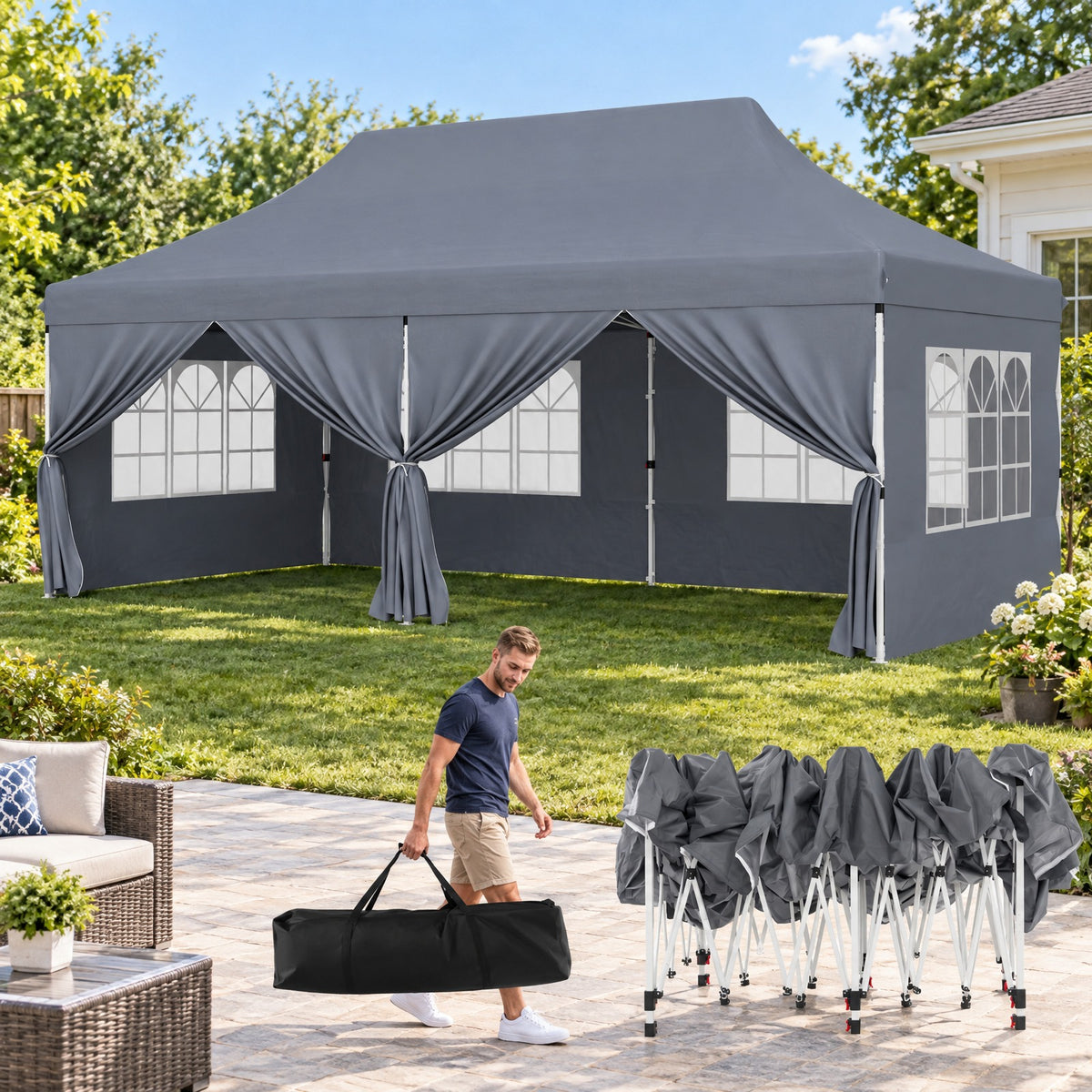 Airfind 10 x 20 FT Pop up Canopy with 6 Sidewalls and Windows and Carrying Bag for Party Wedding Picnic, Grey