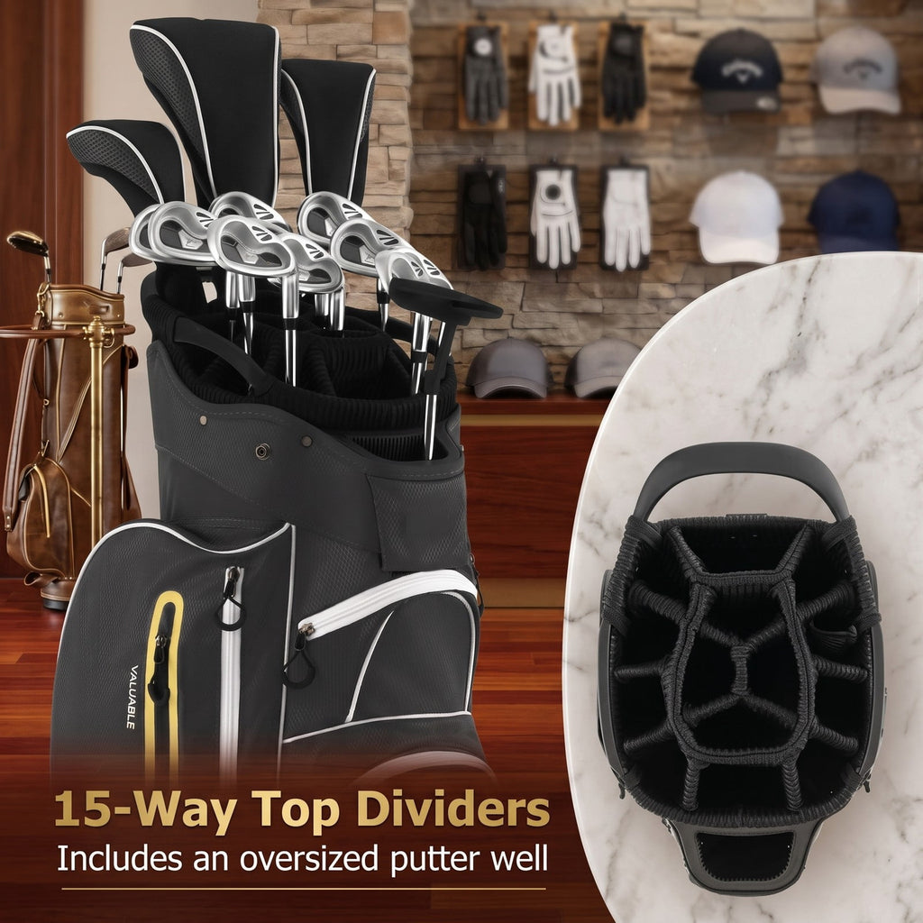 Airfind 9.5 Inch Lightweight Golf Cart Bag with 15 Way Top Dividers, 7 Zipper Pockets, Cooler Bag, Rain Hood, Shoulder Strap for Men Women, Black
