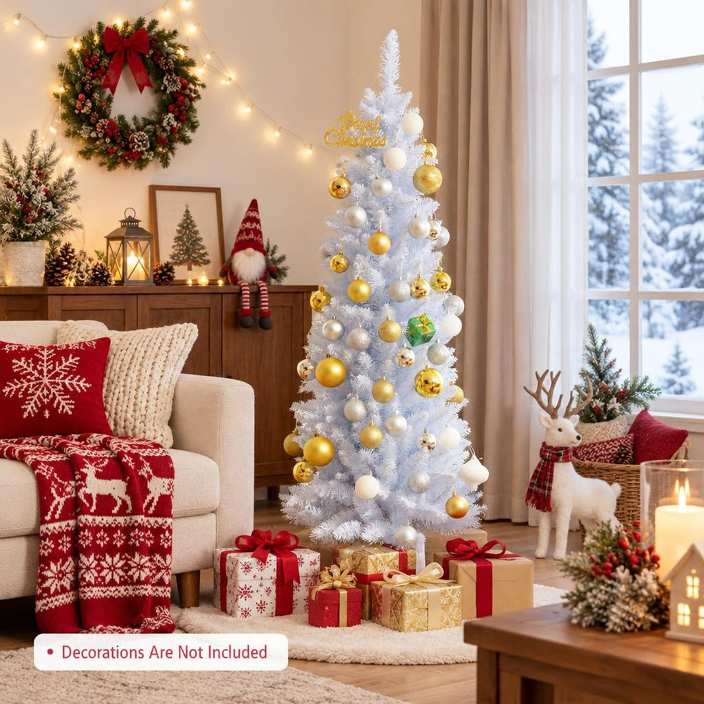 Airfind Slim Artificial Christmas Pencil Tree with PVC Needles and Folding Metal Stand-5ft, White, Branch tips create lush and dense appearance
