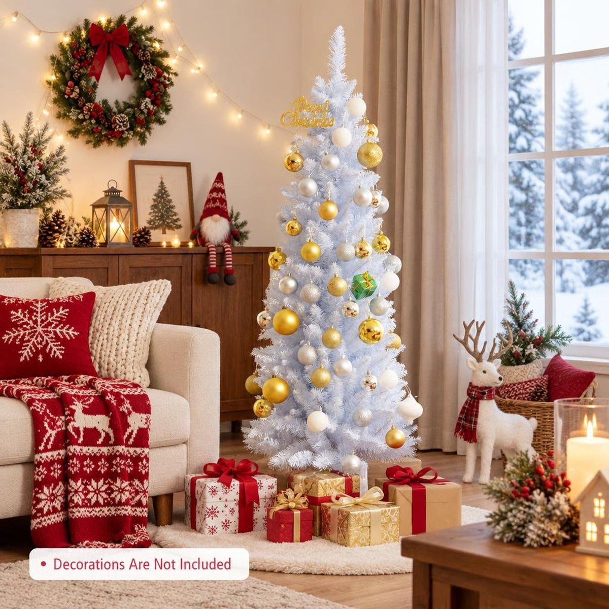 Airfind Slim Artificial Christmas Pencil Tree with PVC Needles and Folding Metal Stand-5ft, White, Branch tips create lush and dense appearance