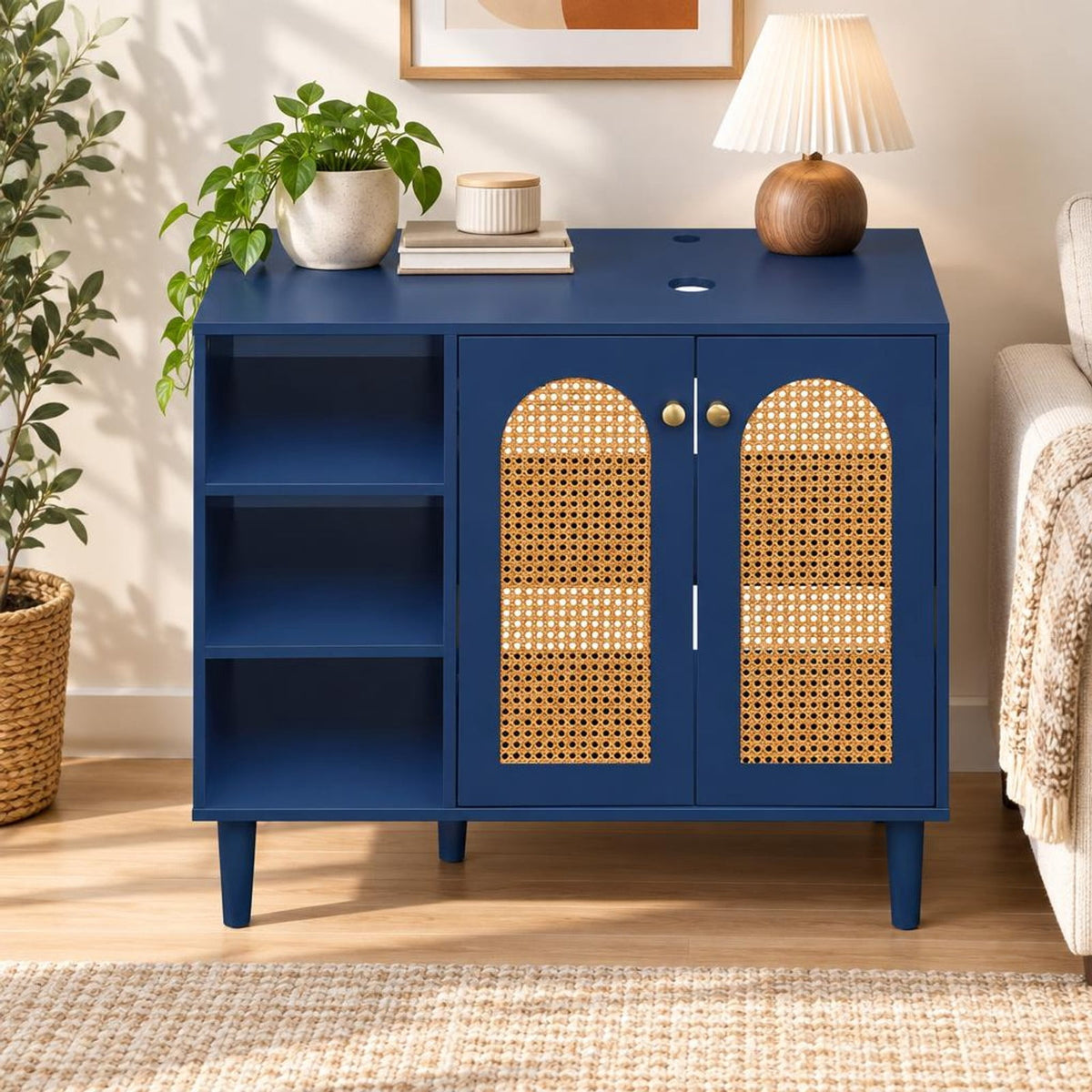 Airfind 36 Inch Under Sink Cabinet Boho for Vessel Sinks and Single-Handle Faucets, 265 lbs Capacity, MDF Rubber Wood PE Rattan Metal Frame, Navy