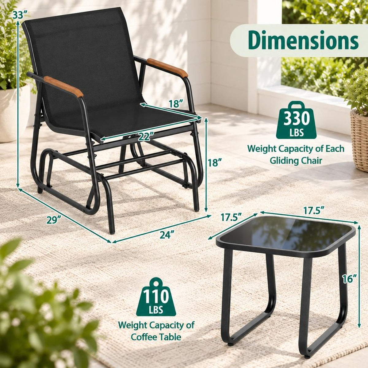 Airfind 3-Piece Outdoor Glider Bistro Set with Tempered Glass Top and Metal Frame, 22 x 18Weight Footprint, Black