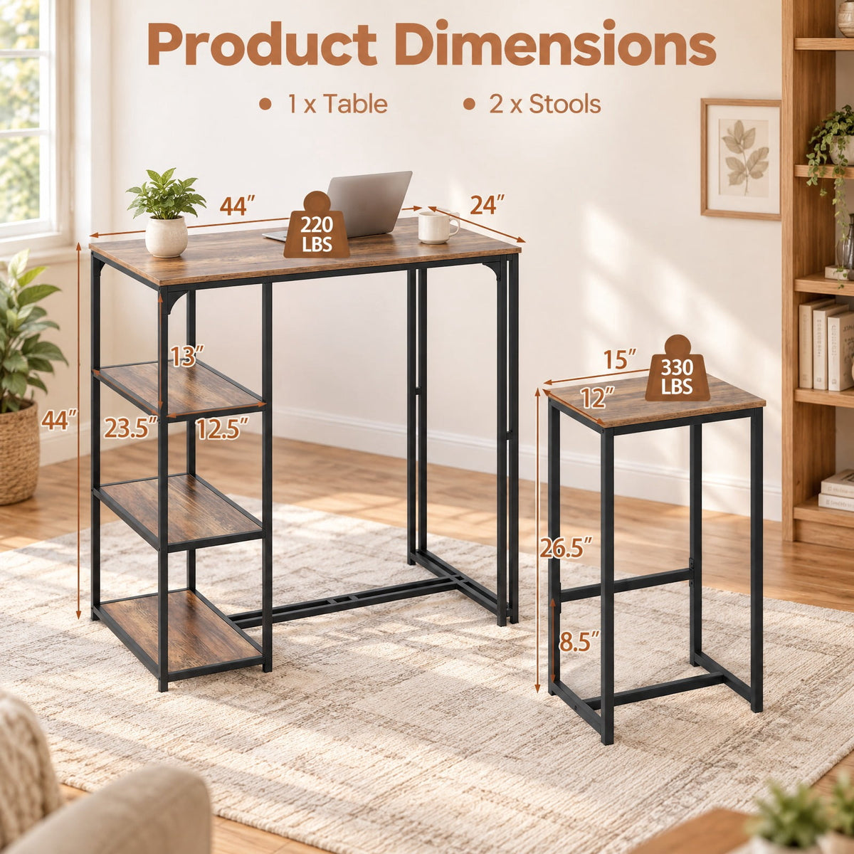 Airfind 3-Piece Bar Table Set for 2 Bar-Height Dining Table with 2 Stools, 220 lbs Capacity, MDF Metal Frame, Coffee