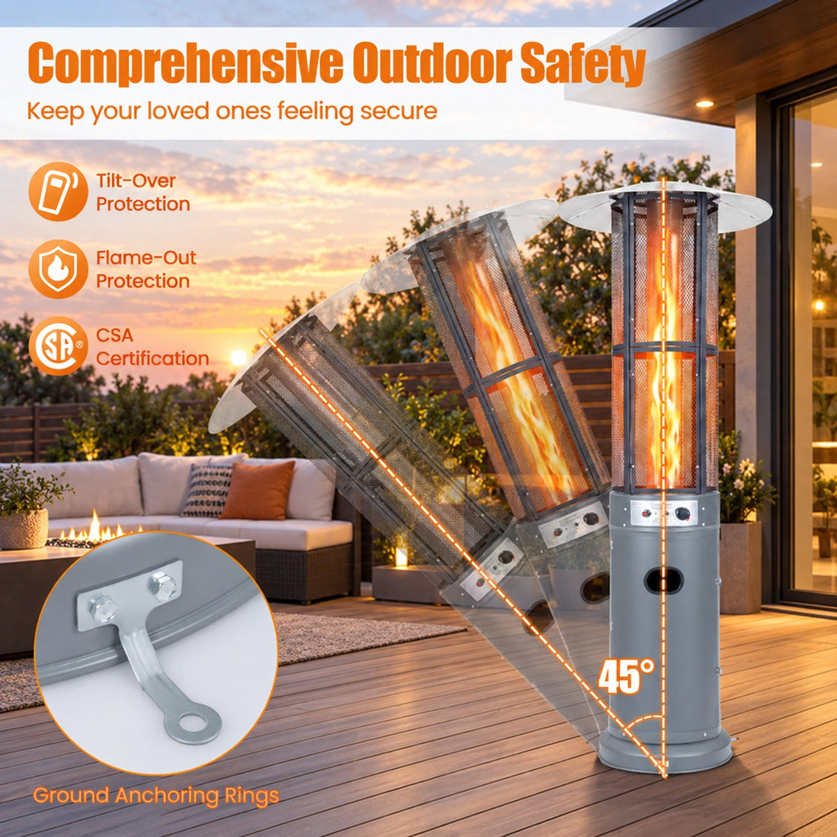 Airfind Outdoor Propane Patio Heater with Glass Tube and Tilt-Over Protection, Metal Frame, 27.5in x 74.5in Footprint, Gray