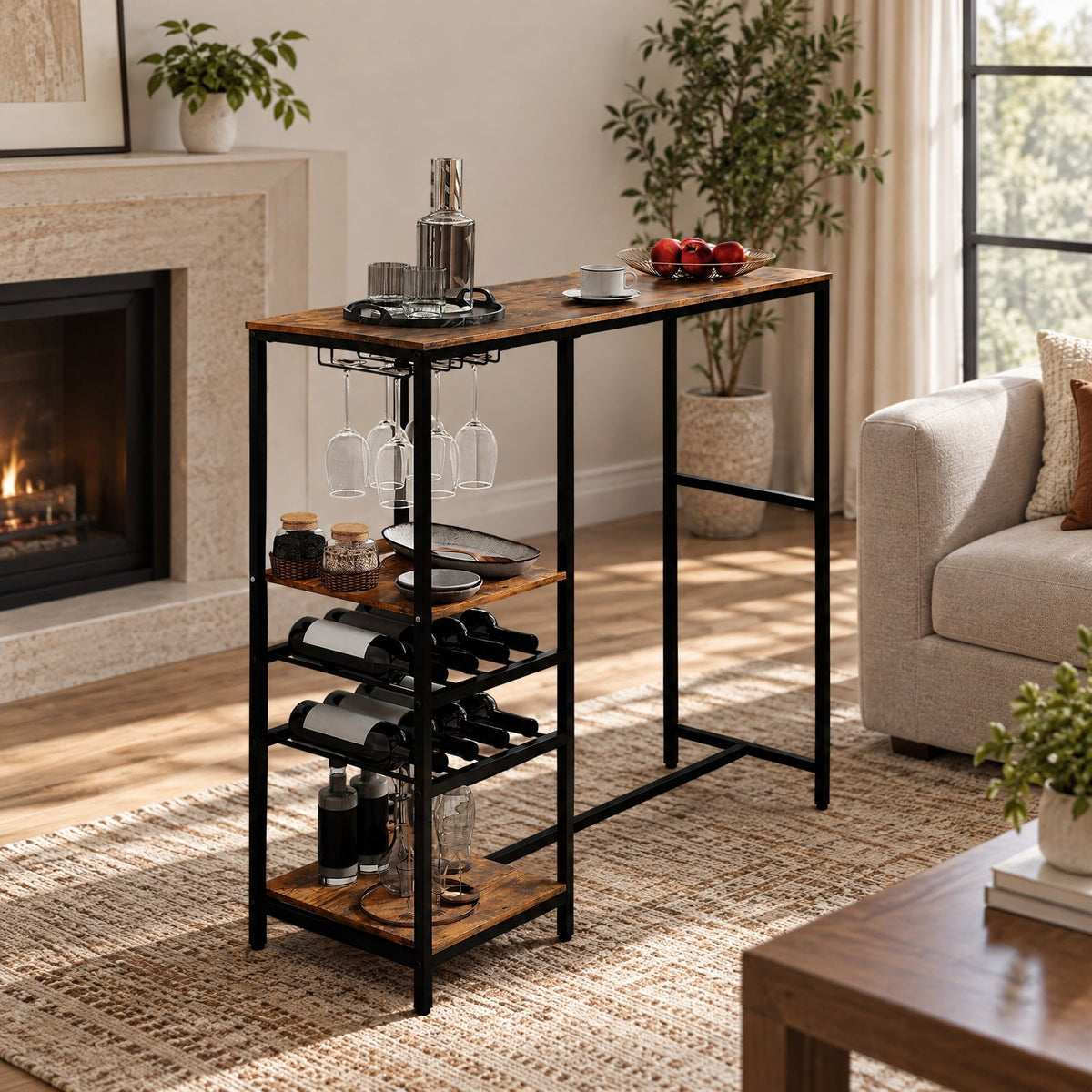 Airfind Long Bar Table Bar Height Dining Table with Storage Shelves, 190 Lbs Capacity, Engineered Wood Metal, 48 Inch X 16 Inch X 41.5 Inch, Brown