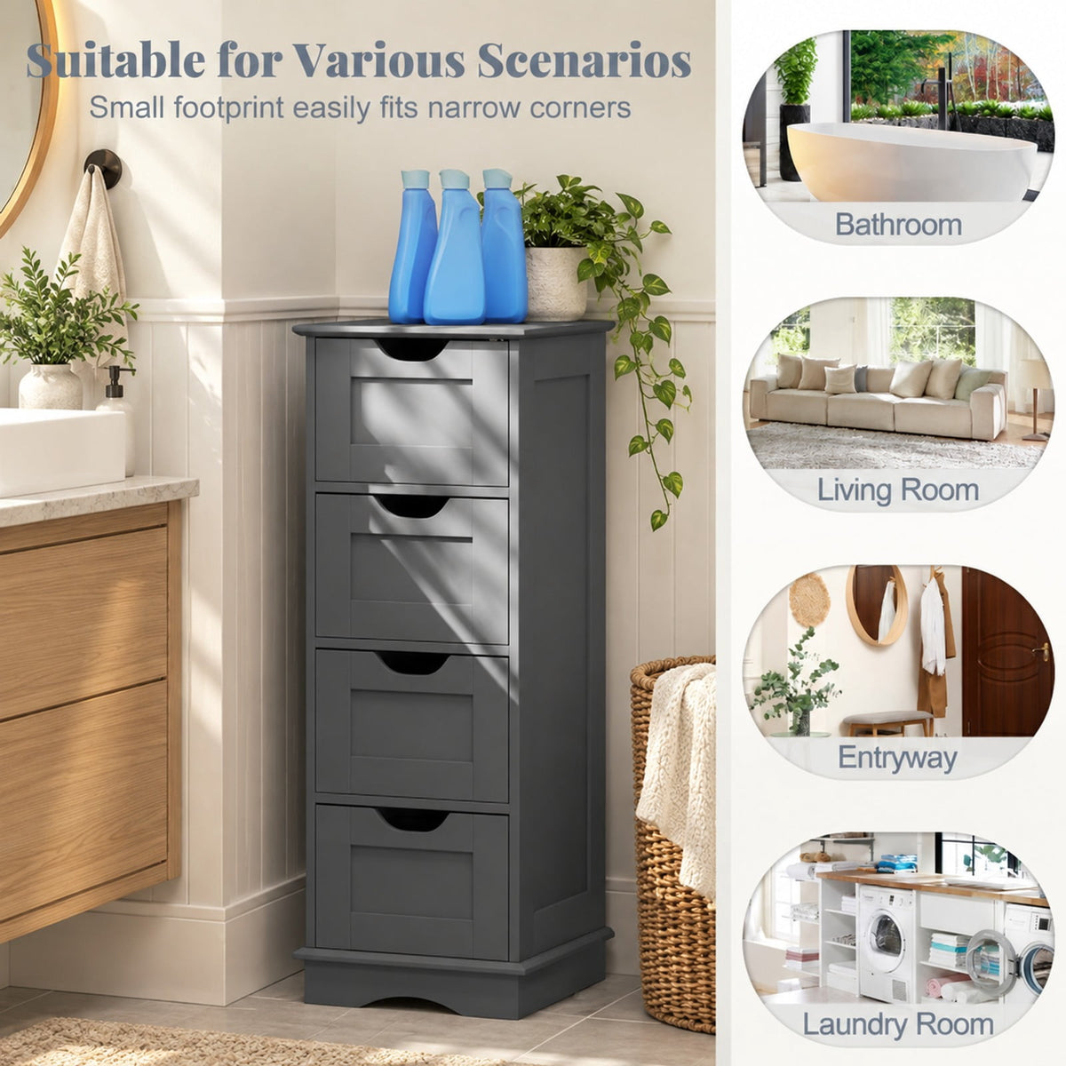 Airfind Bathroom Storage Cabinet, with Cutout Handles and 4 Drawers, 33 lbs Capacity, MDF Frame, 12 Inch x 12 Inch x 32 Inch Footprint, Gray