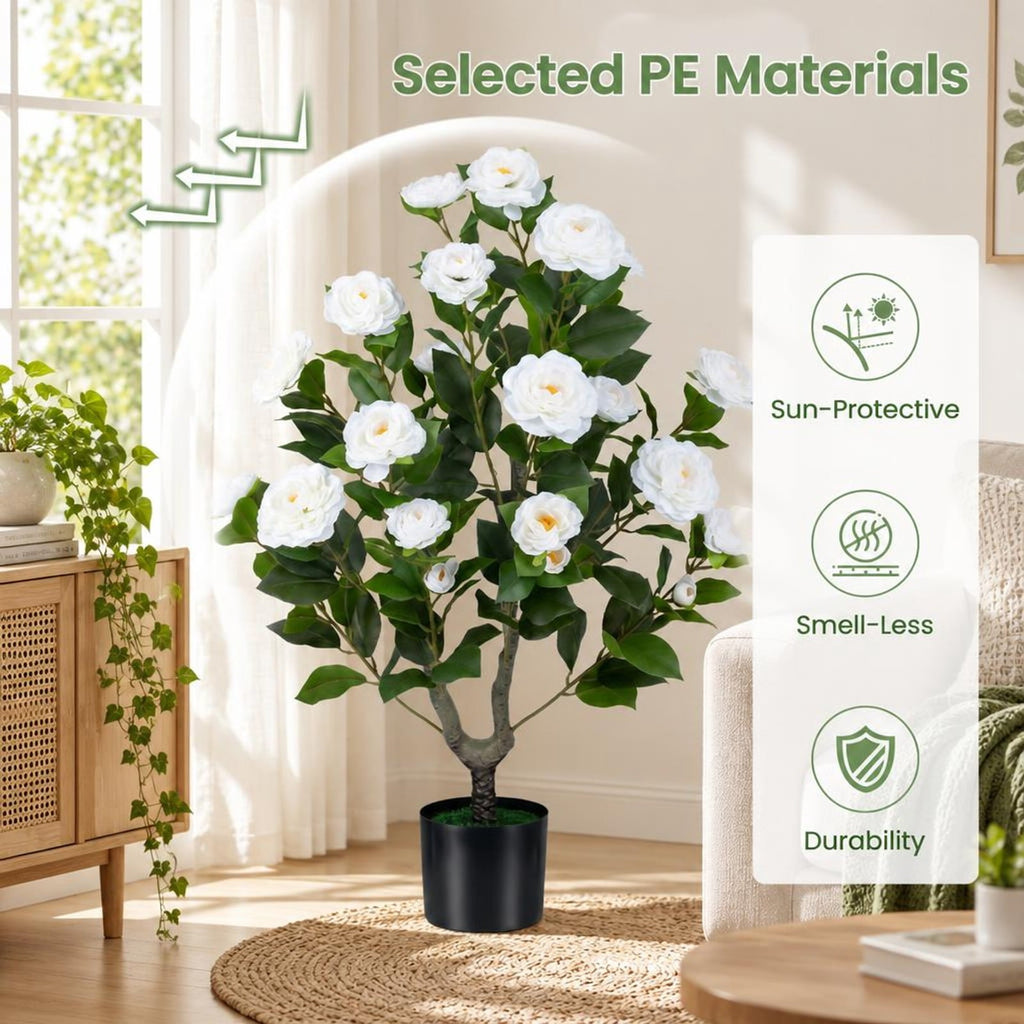 Airfind 2-Pack Artificial Camellia Tree Faux Flower Plant in Cement-Filled Pot, White, offers excellent stability and balance