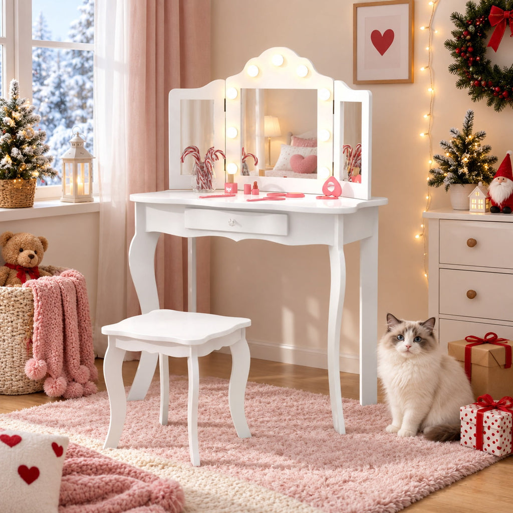 Airfind Kid Vanity Table Stool Set with Tri-Folding Mirror and 3-Color LED Lights, 66 lbs Capacity, P2 MDF Glass Frame, for 3+ Years Old, White