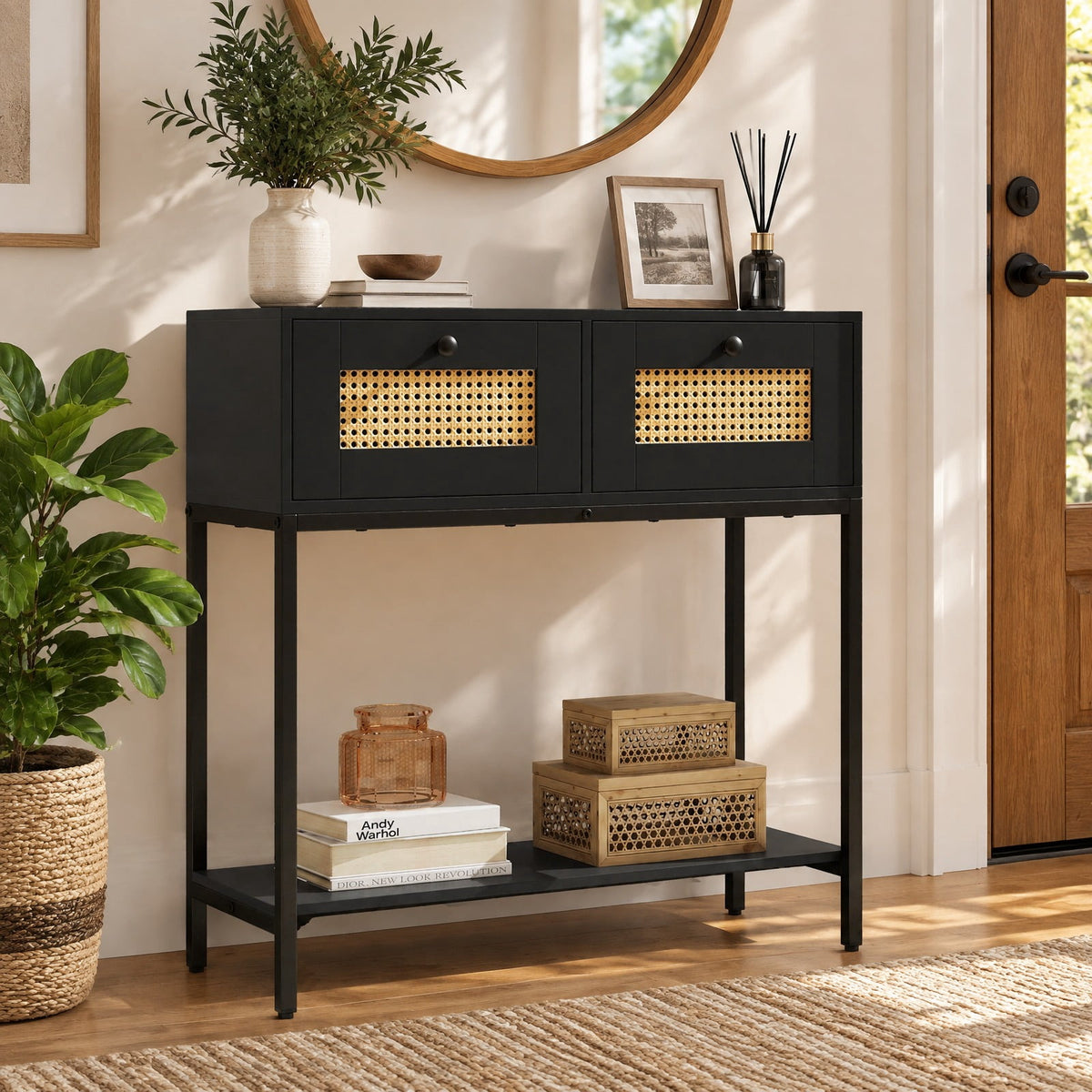 Airfind Rattan Console Table Boho Entryway Table with 2 Rattan Drawers and Open Storage Shelf, 88 lbs Capacity, Black