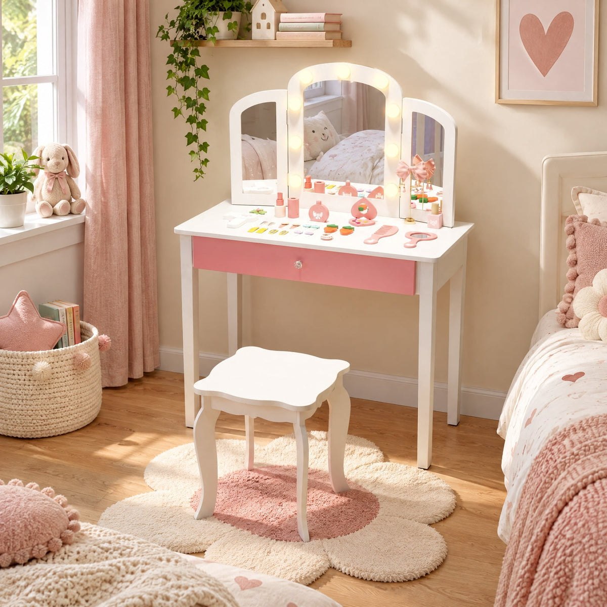 Airfind 2-in-1 Kids Vanity Table Set with Tri-Folding Detachable Mirror and Lights, 110 lbs Capacity, MDF Pine Wood Acrylic Frame, Footprint, White