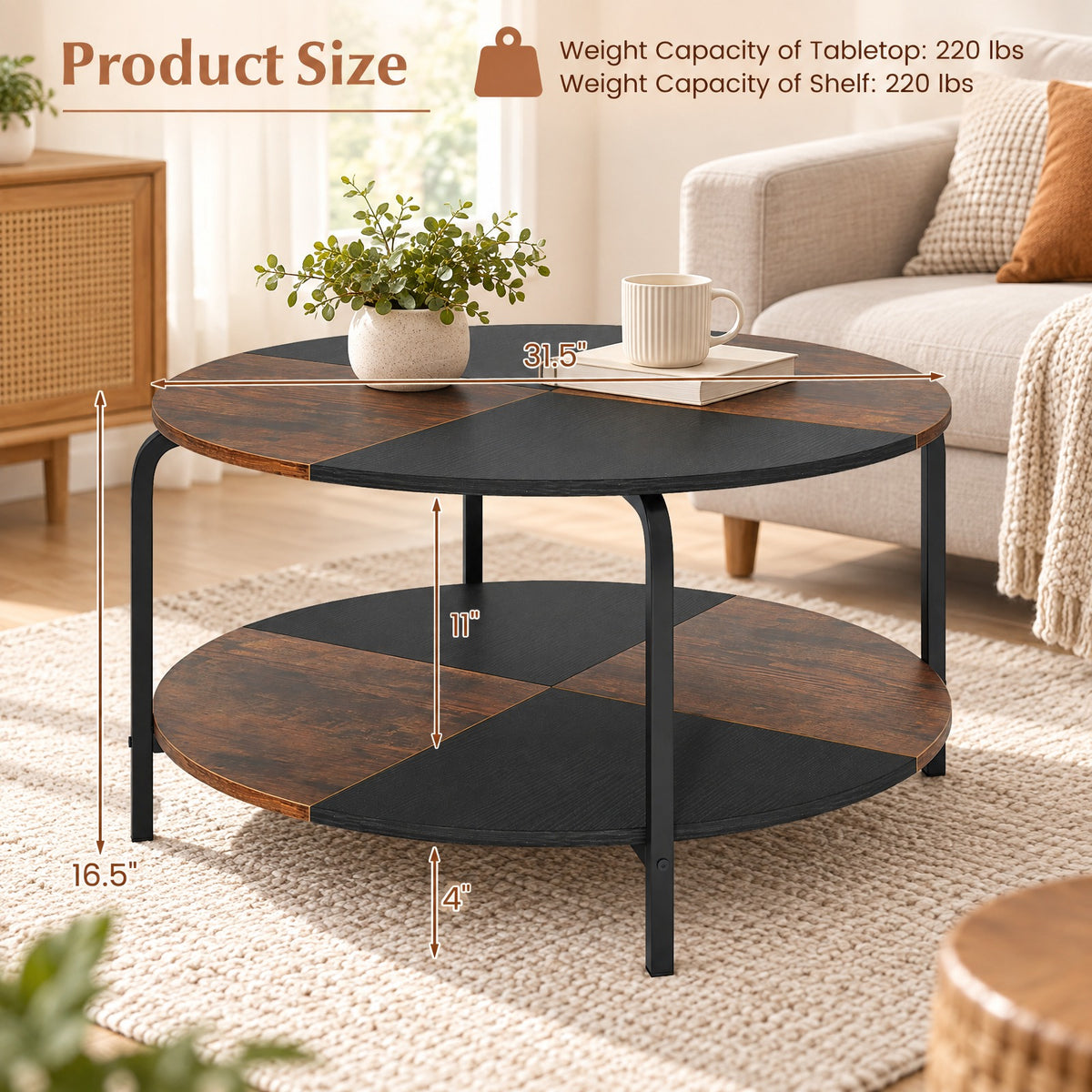 Airfind 2-Tier Round Coffee Table Metal Frame with Storage Shelf, 220 lbs Capacity, Engineered Wood Metal Frame, Coffee