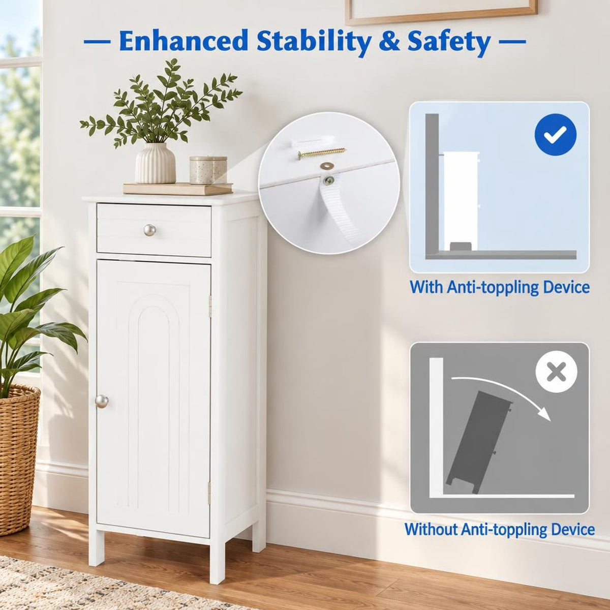 Airfind Wooden Storage Free-Standing Floor Cabinet with Drawer and Shelf, 132 lbs Capacity, MDF Frame, 14in x 12in x 34.5in Footprint, White