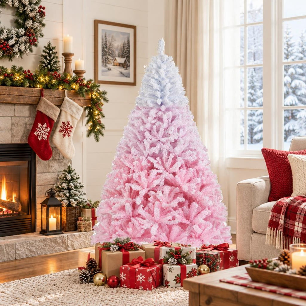 Airfind 2025 New Artificial Christmas Tree with Folding Metal Stand and 456 Branch Tips-7FT, Pink, Diameter of Stand 16in 18in 20in 22in