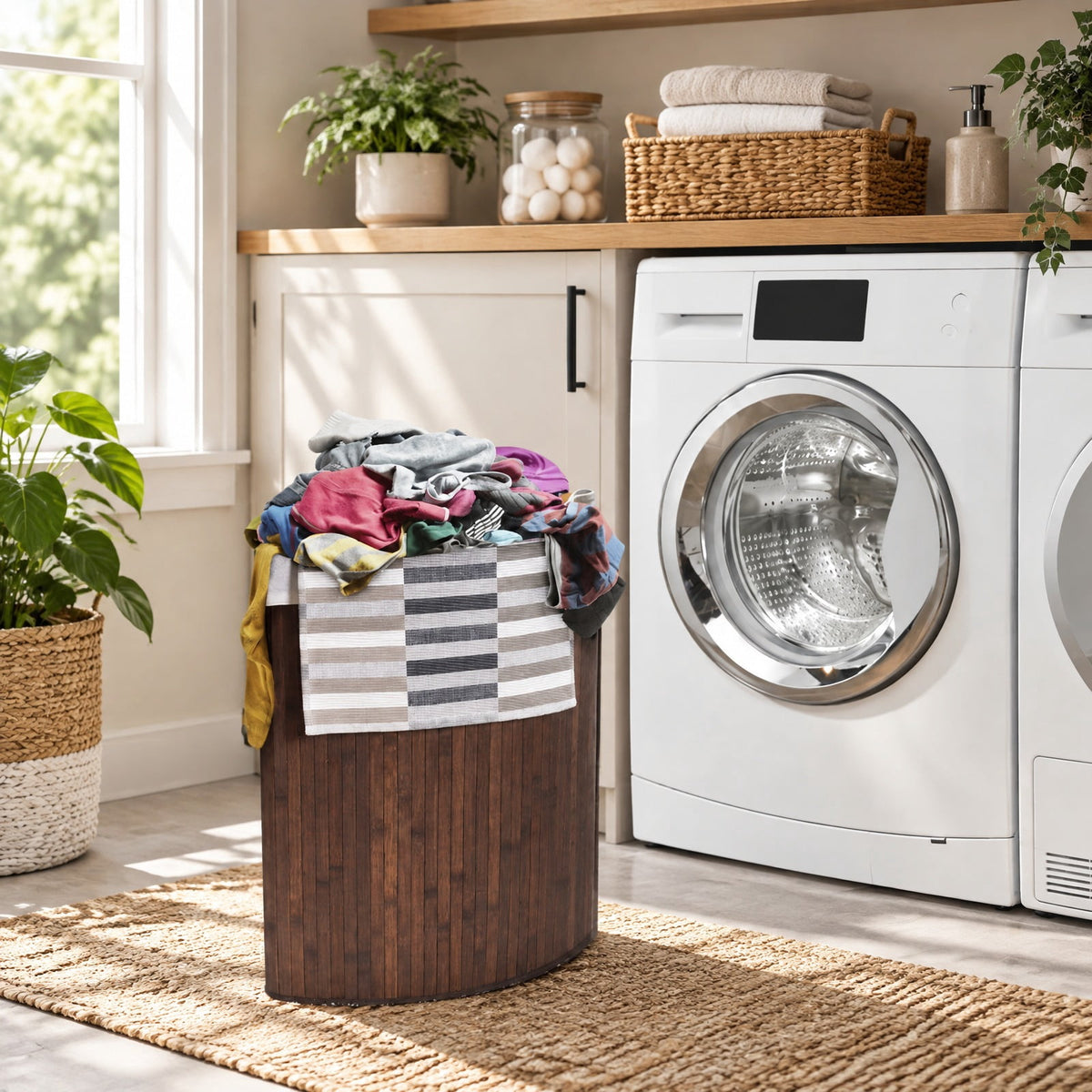 Airfind Corner Bamboo Hamper Laundry Basket, Bamboo and polyester cotton Frame, Brown, Easy to carry with a handle on each side