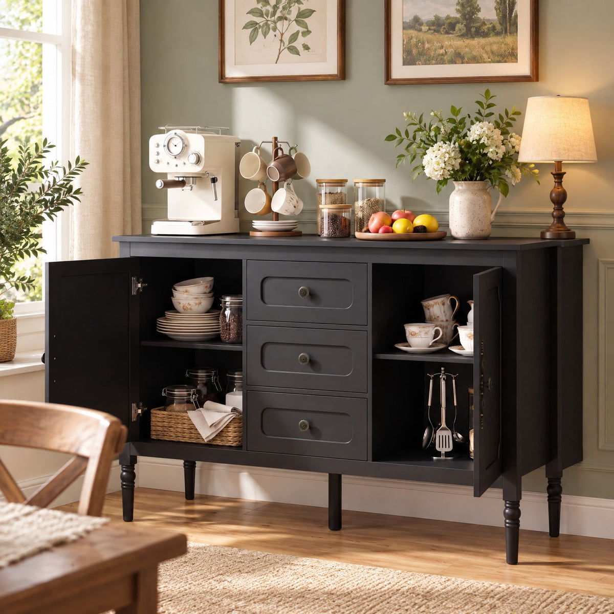 Airfind 47 Inch Vintage Buffet Cabinet with 3 Drawers 2 Cabinets and Adjustable Shelves for Dining Room, 110 Lbs Capacity, 47 Inch X 15.5 Inch X 31.5 Inch, Black