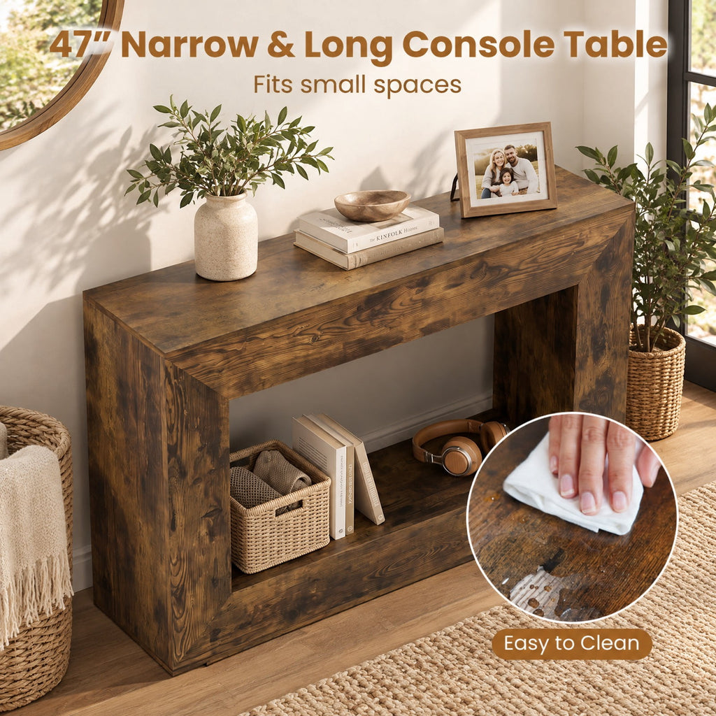 Airfind 47 Inch 2-Tier Farmhouse Console Table with Open Storage Shelf for Living Room, 47 Inch x 12 Inch x 33 Inch Middle Footprint, Brown