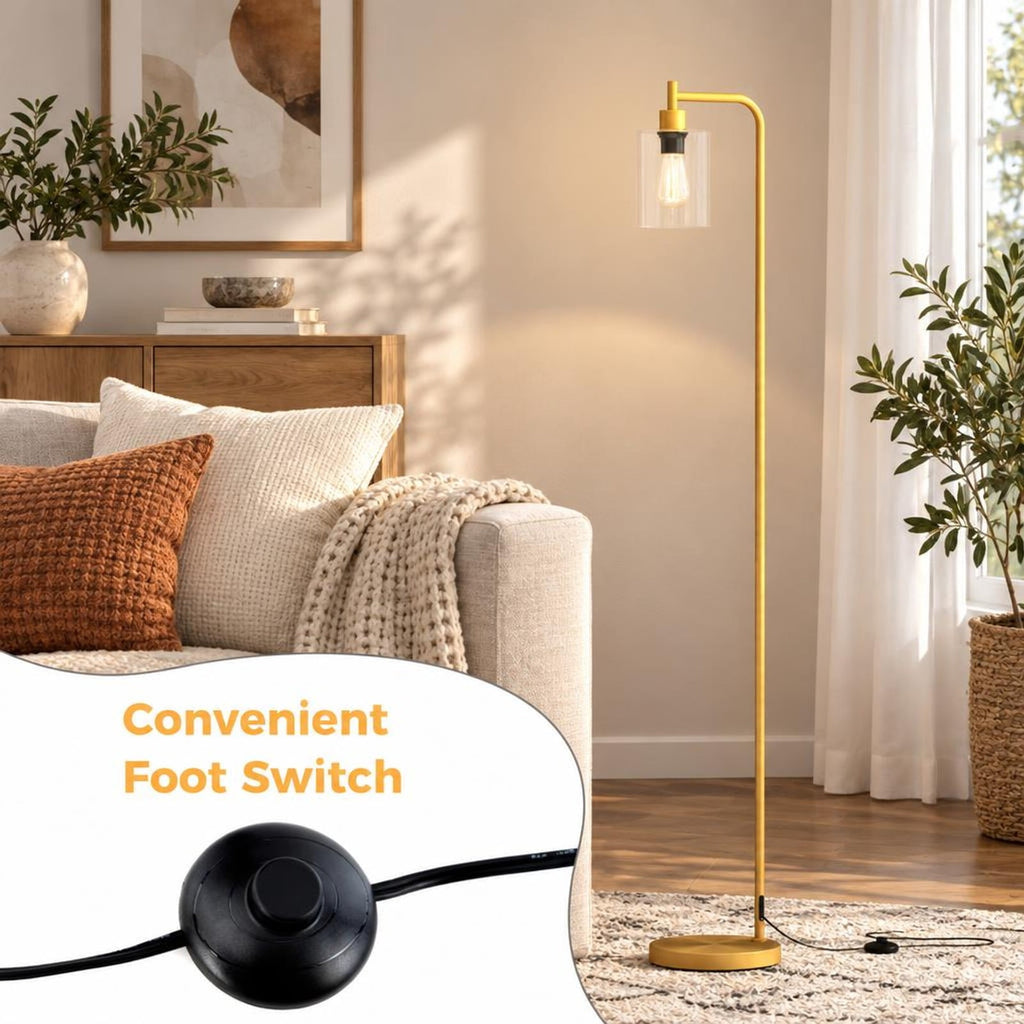 Airfind Modern Floor Lamp with Hanging Glass Lampshade and Foot Switch, 10in x 66inSize of Lampshade 5.5in x 6.5inLength of Footprint, Black
