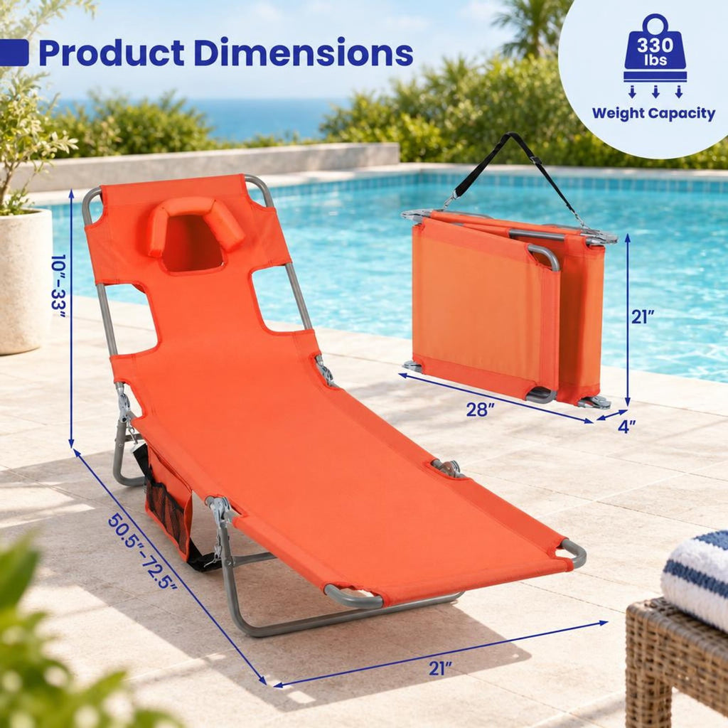 Airfind Folding Beach Lounge Chair with Adjustable Backrest for Lawn, 330 lbs Capacity, Metal Oxford Fabric Polyester Sponge Frame, Orange