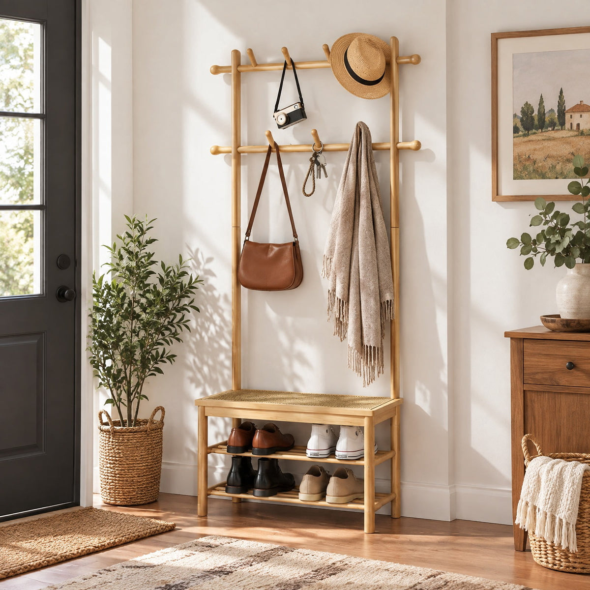 Airfind Bamboo Coat Rack PE Rattan Hall Tree with Bench and Shoe Storage 3-In-1 Entryway Bench, 11 Lbs Capacity, Bamboo PE Rattan, Natural