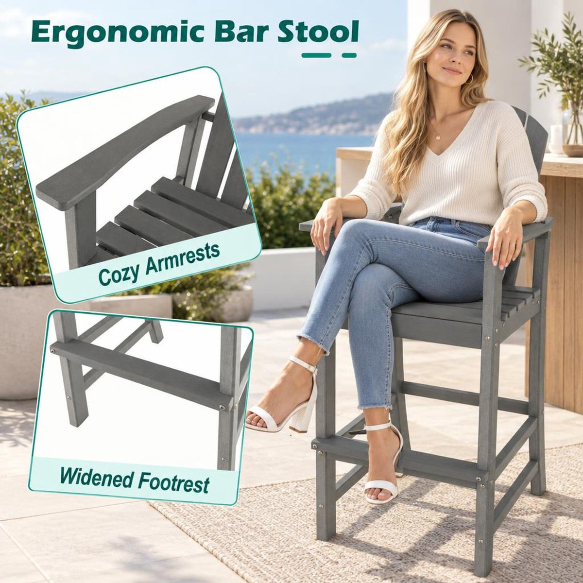 Airfind 30 Inches Counter Height Outdoor HDPE Bar Stool with Armrests and Footrest, 360 lbs Capacity, HDPE Frame, Gray
