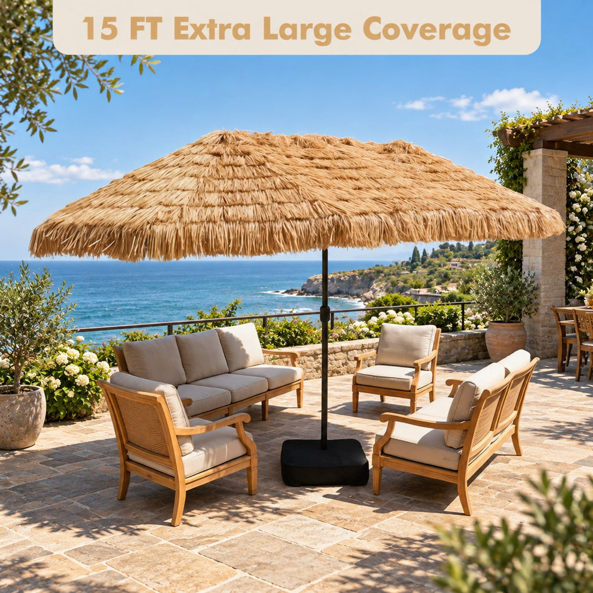 Airfind 15 x 9 FT Solar Double-Sided Patio Umbrella Base Included for Garden Bar, Polyester Fabric Metal PE Thatch ABS Frame, Brown
