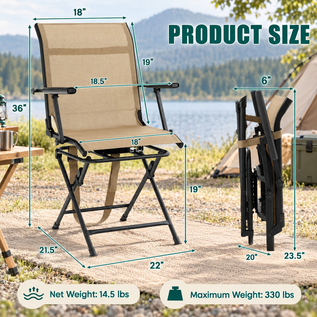Airfind Foldable Swivel Hunting Chair with Mesh Back, Armrests and Wide Feet, 330 lbs Capacity for Ground Blind and Outdoor Use, Coffee