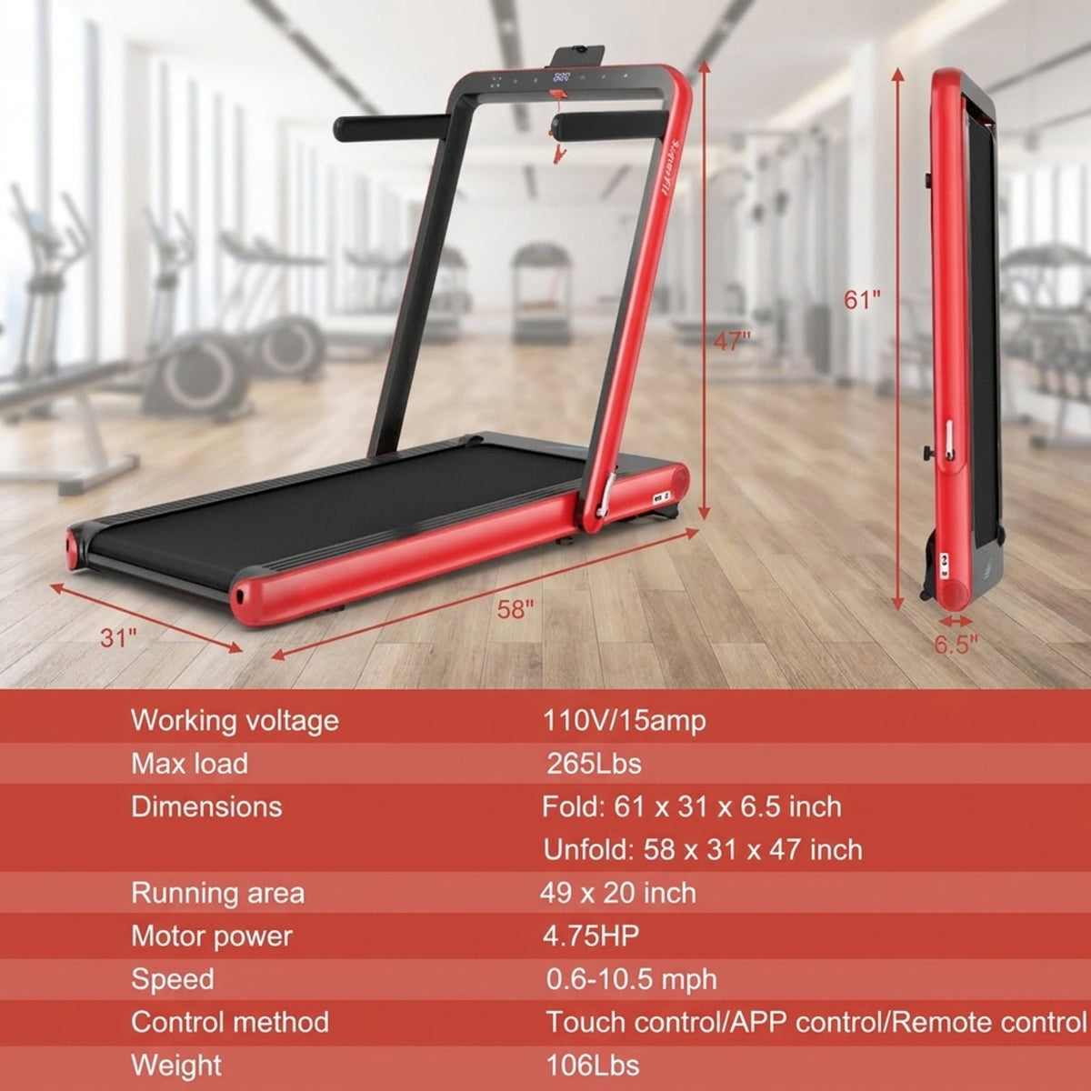 Airfind Folding Treadmill for home with 4.75HP 2-in-1 Walk-to-Run Motor and App Sync to track pace and calories for small spaces, Red