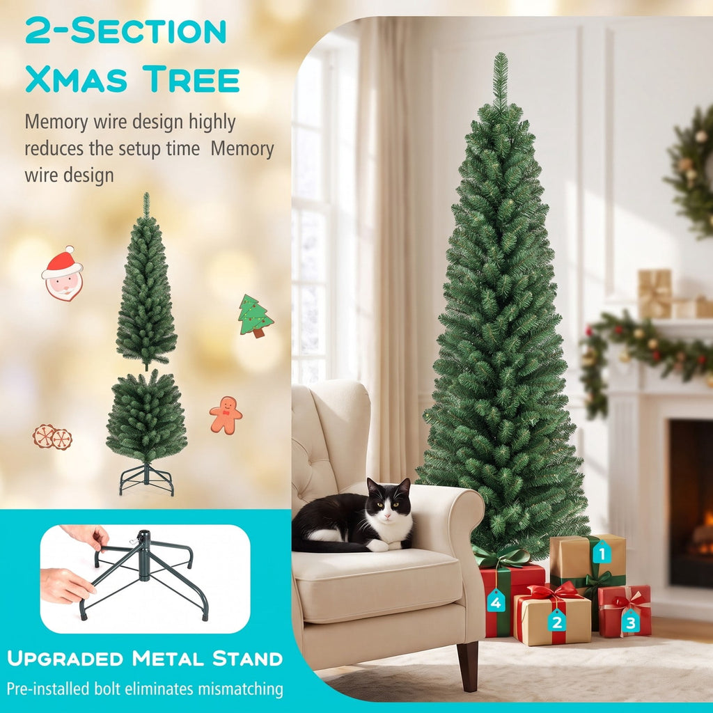 Airfind 5/6/7/8 Feet Pencil Christmas Tree with 295/392/523/671 Memory Wire Branch Tips and Upgraded Metal Stand-5 feet, Green